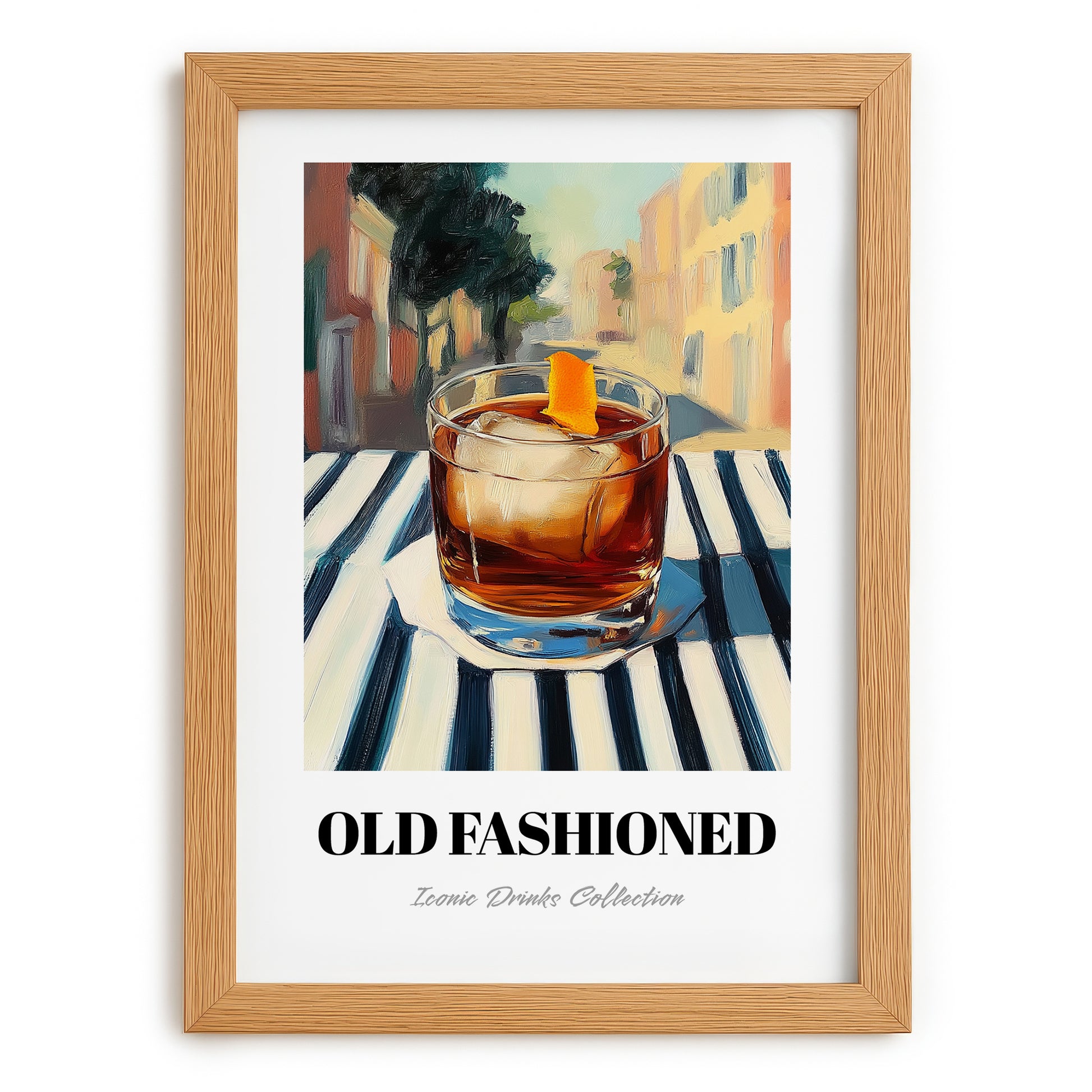 Old Fashioned – American Café on the Corner, American Cocktail Painting, set in oak frame
