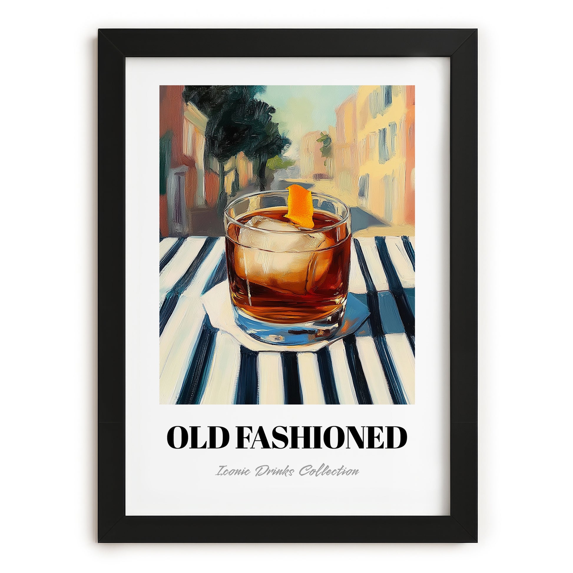 Old Fashioned – American Café on the Corner, American Cocktail Painting, in sleek black frame