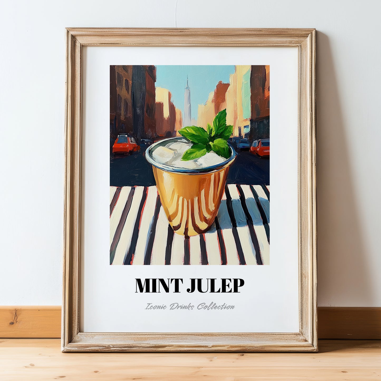 Mint Julep – American Urban Café Scene, American Cocktail Wall Print, in wooden frame leaning on the floor
