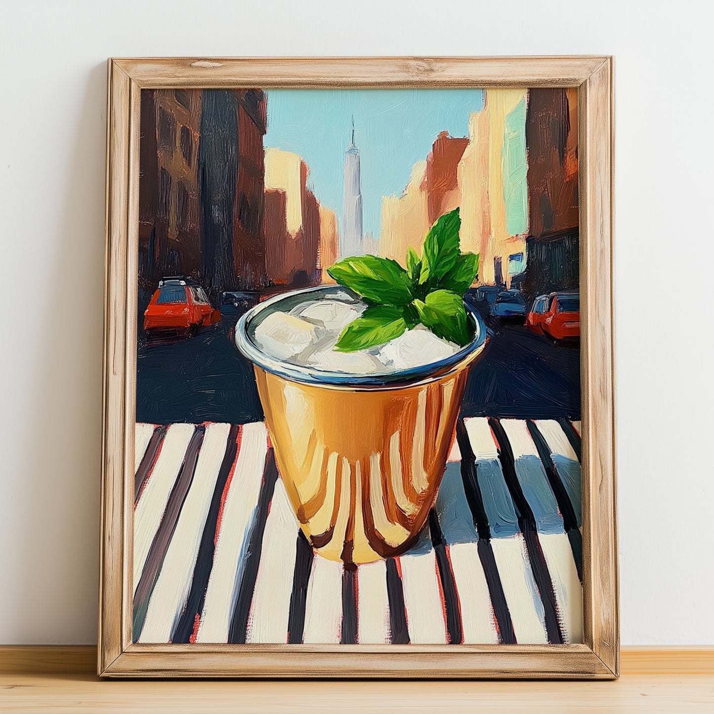 Mint Julep – American Urban Café Scene, American Cocktail Wall Print, no-text version framed in wood