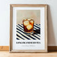 Long Island Iced – on Striped Tablecloth, American Cocktail Print, in wooden frame leaning on the floor