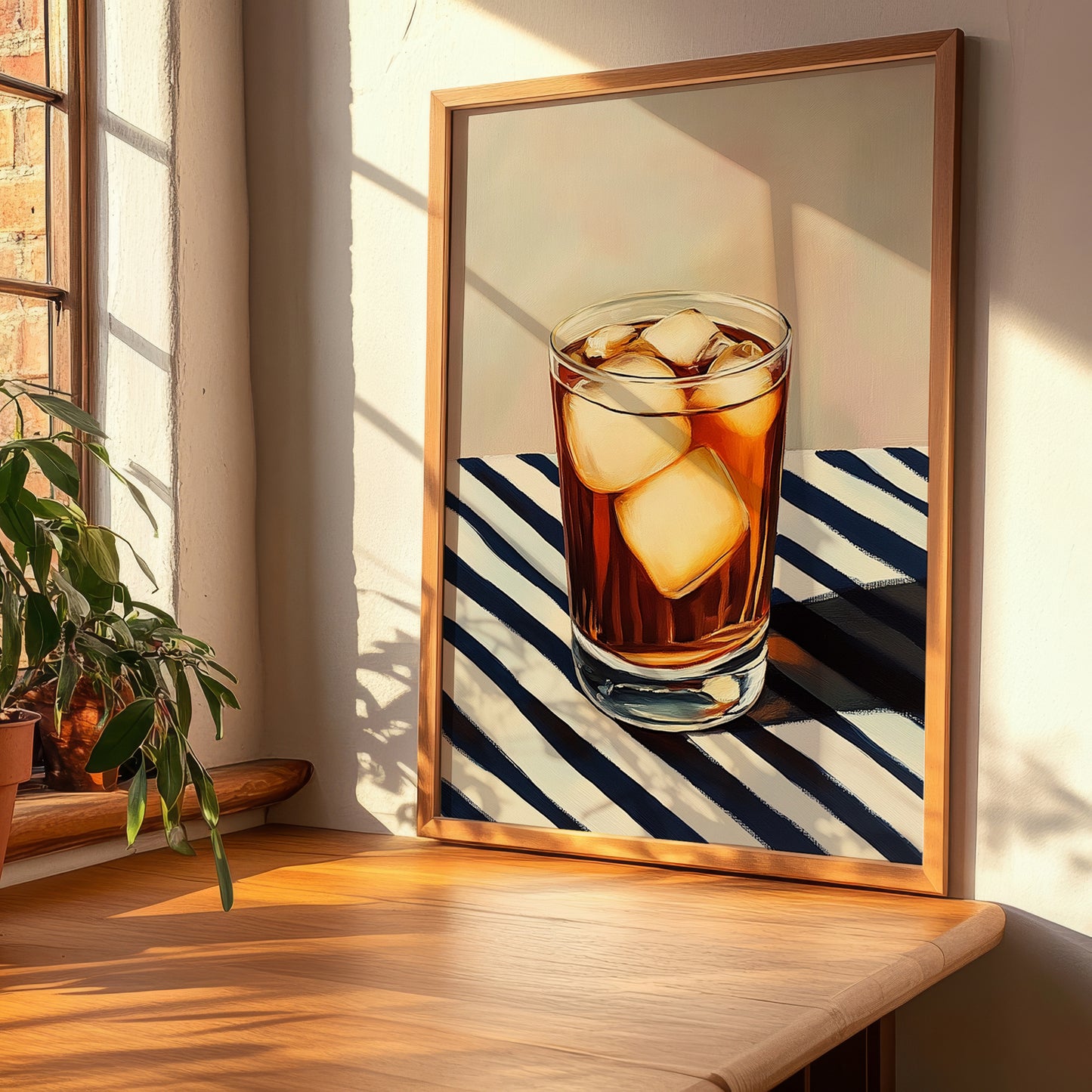 Long Island Iced – on Striped Tablecloth, American Cocktail Print, clean layout with no caption