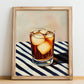 Long Island Iced – on Striped Tablecloth, American Cocktail Print, no-text version framed in wood