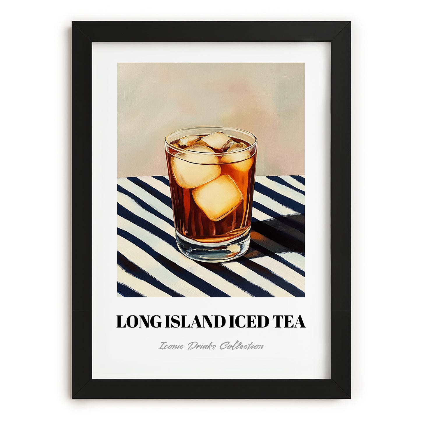 Long Island Iced – on Striped Tablecloth, American Cocktail Print, in sleek black frame