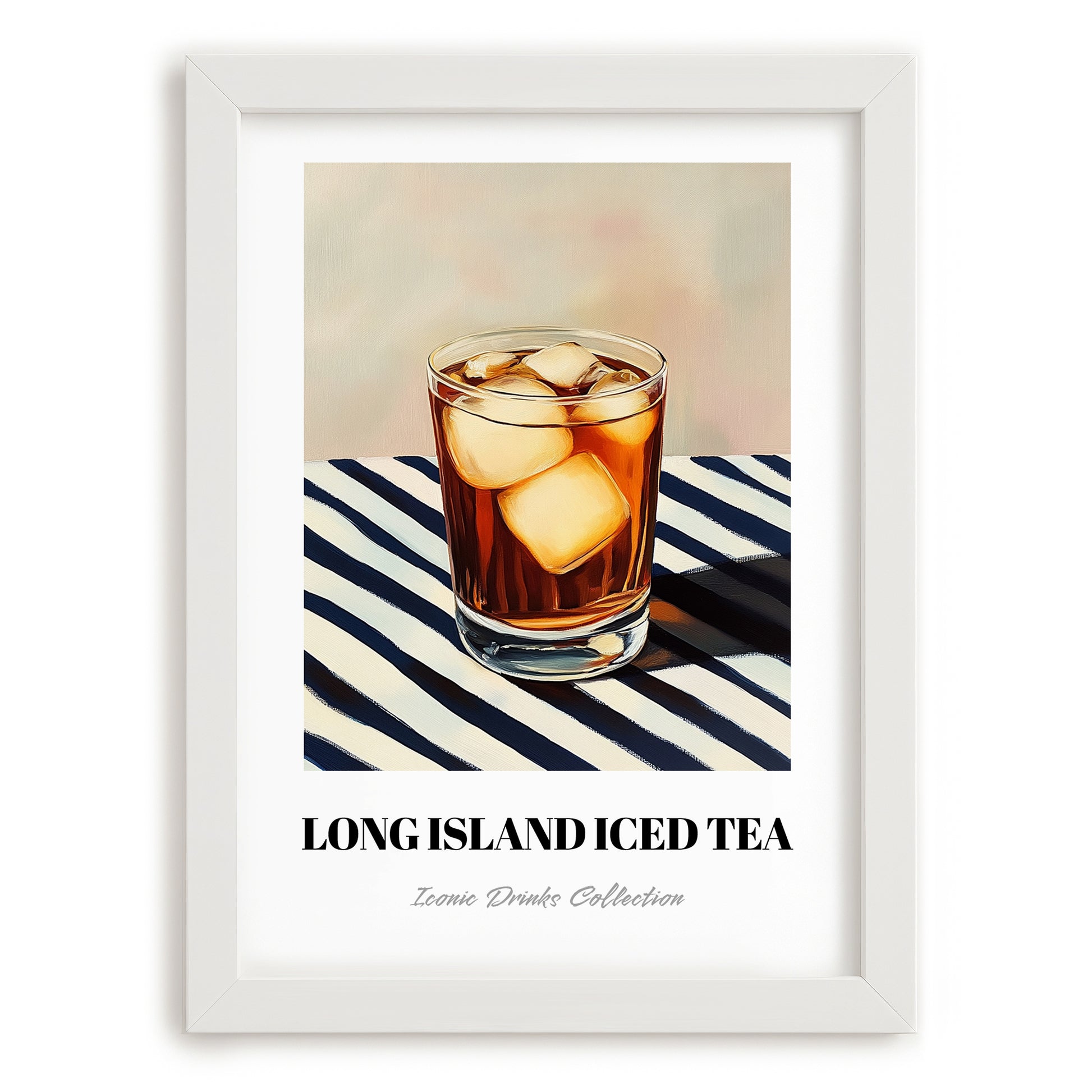 Long Island Iced – on Striped Tablecloth, American Cocktail Print, placed in minimal white frame
