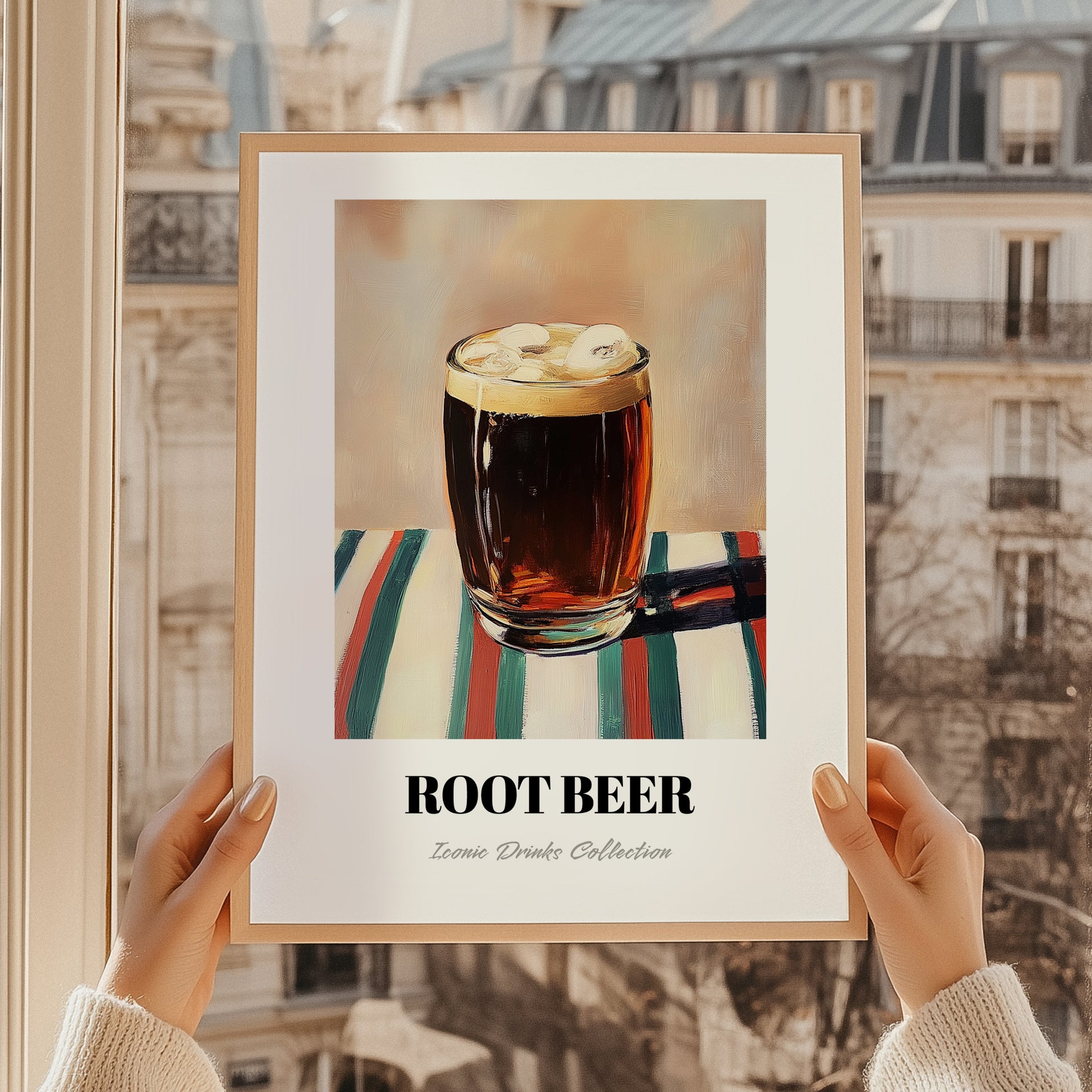 Root Beer – on Striped Tablecloth, American Beverage Wall Art, styled in a charming Paris street view