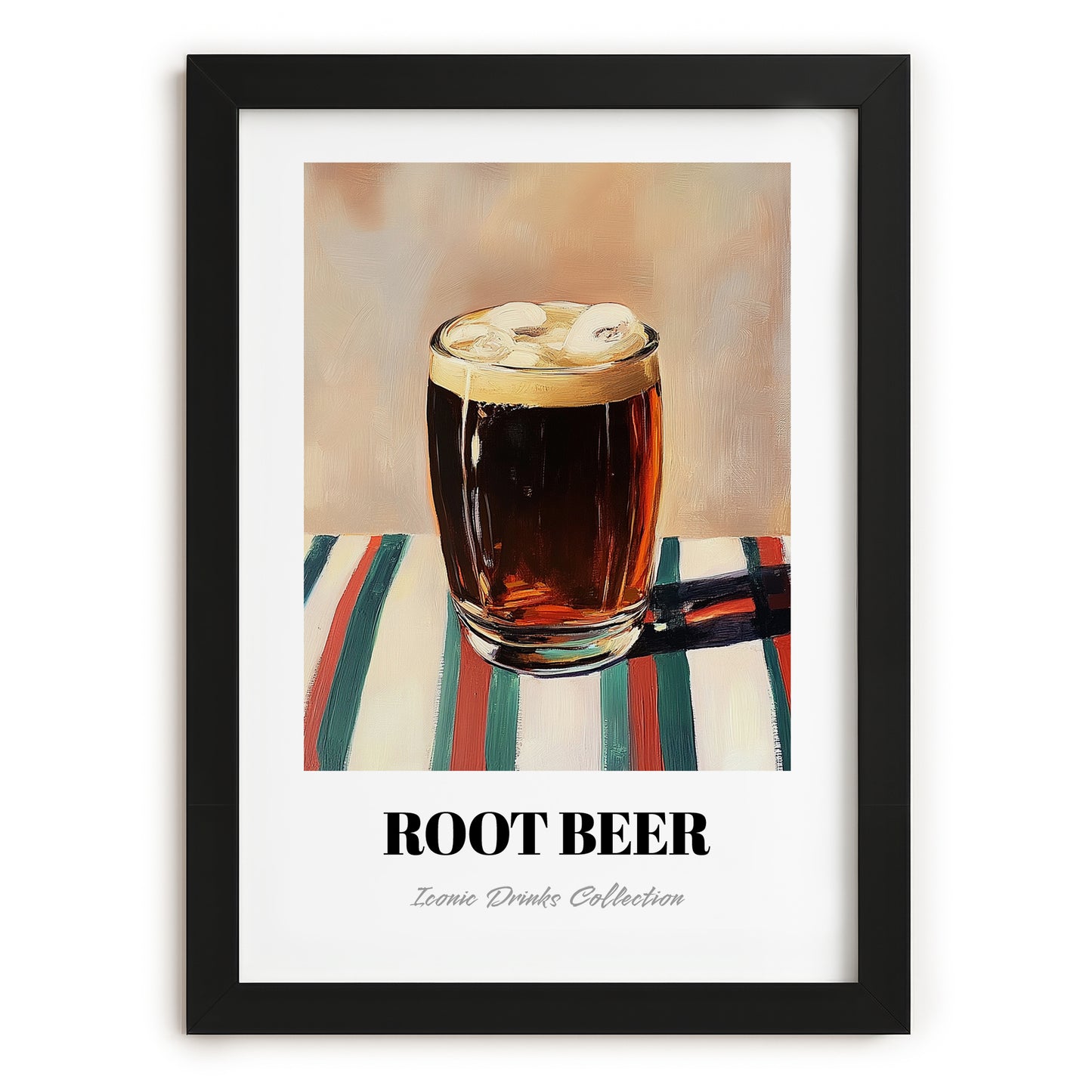 Root Beer – on Striped Tablecloth, American Beverage Wall Art, in sleek black frame