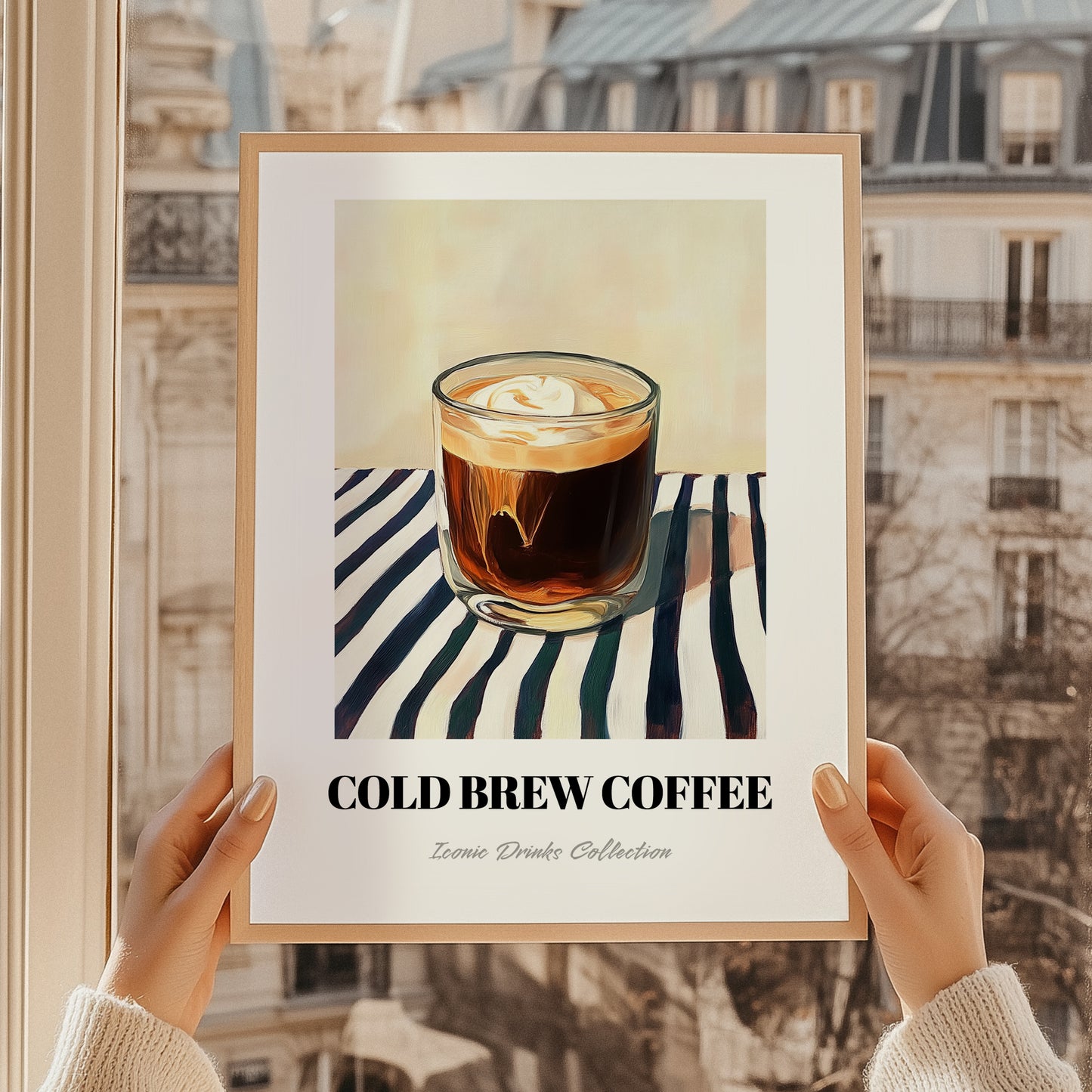 Cold Brew – on Striped Tablecloth, American Coffee Wall Decor, styled in a charming Paris street view
