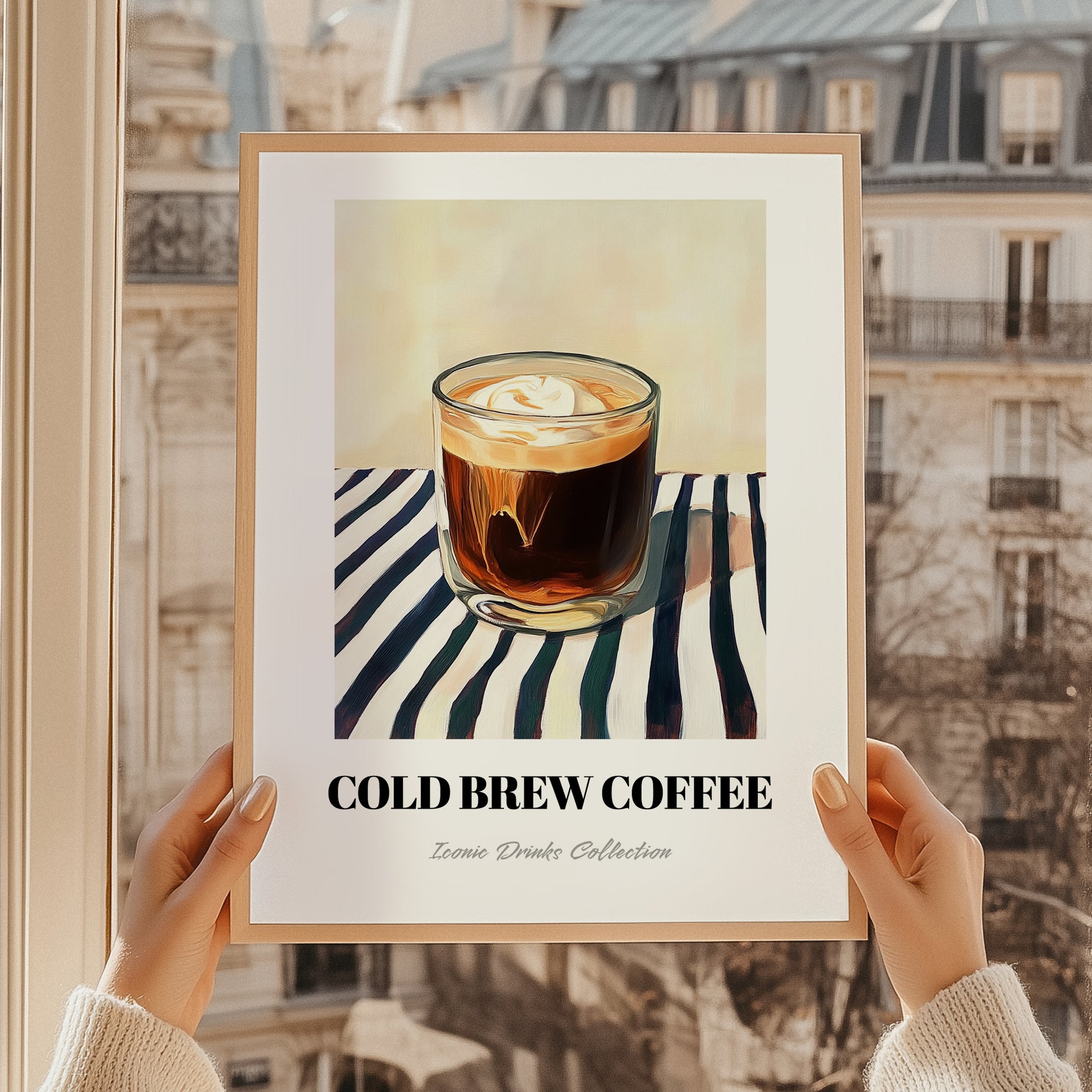 Cold Brew – on Striped Tablecloth, American Coffee Wall Decor, styled in a charming Paris street view