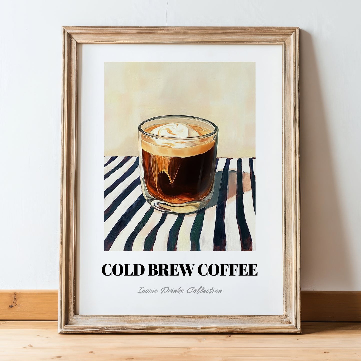 Cold Brew – on Striped Tablecloth, American Coffee Wall Decor, in wooden frame leaning on the floor
