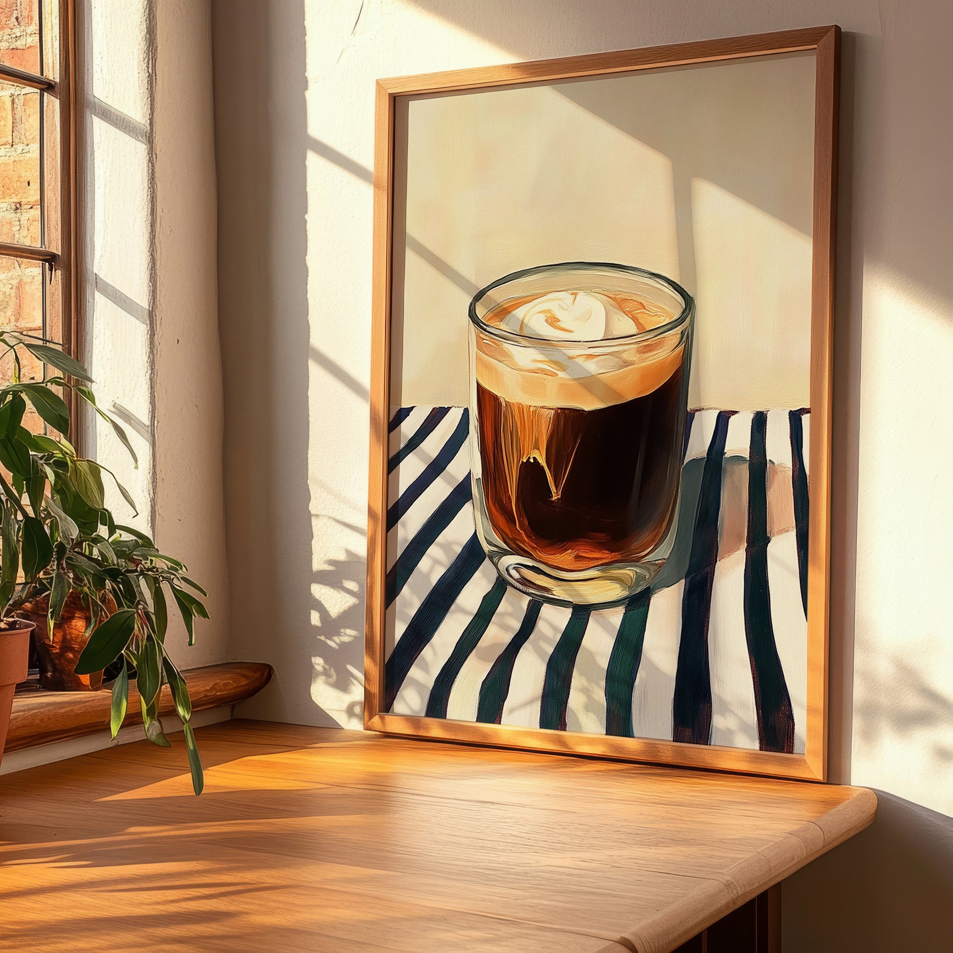 Cold Brew – on Striped Tablecloth, American Coffee Wall Decor, clean layout with no caption