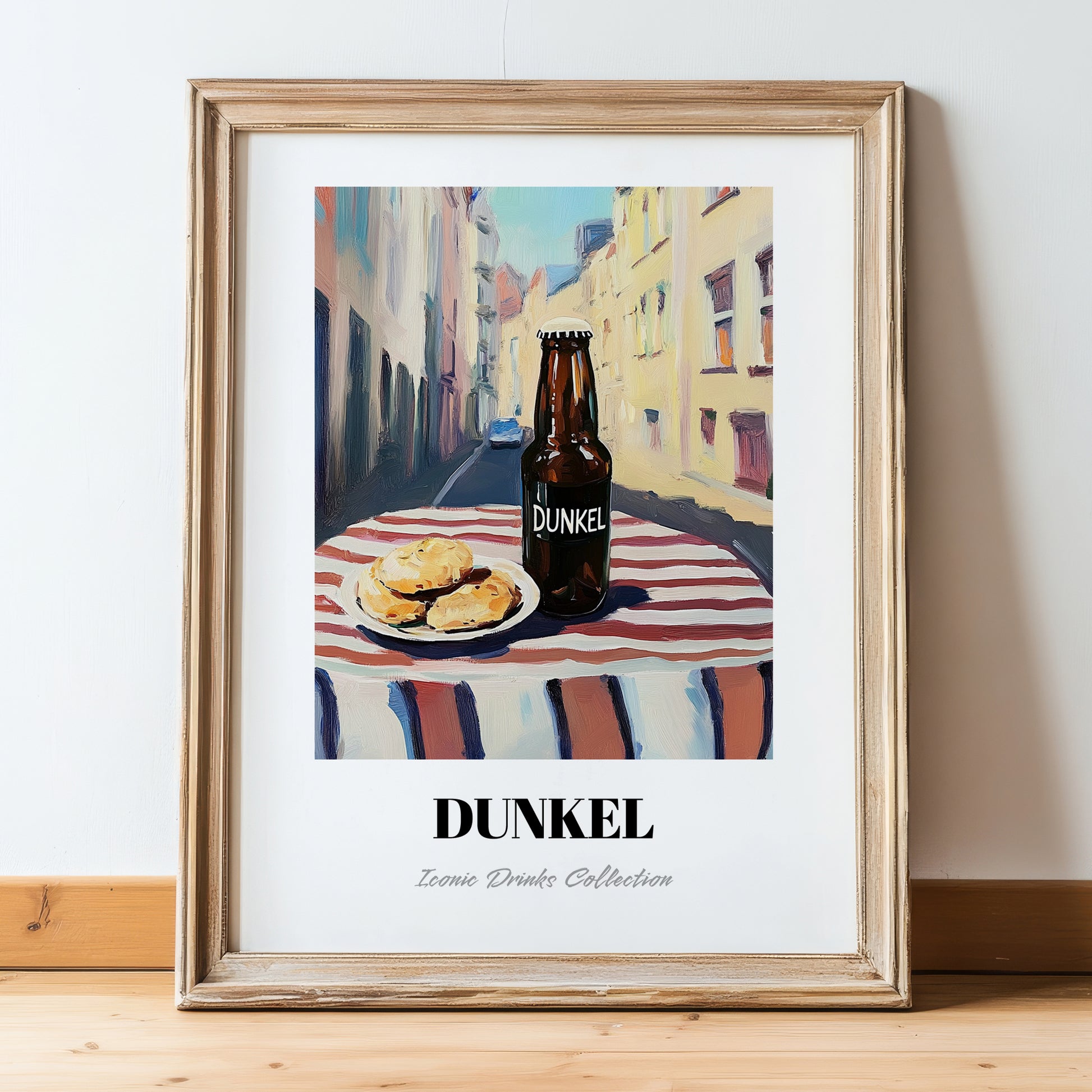 Dunkel – German Café on the Corner, German Beer Painting, in wooden frame leaning on the floor