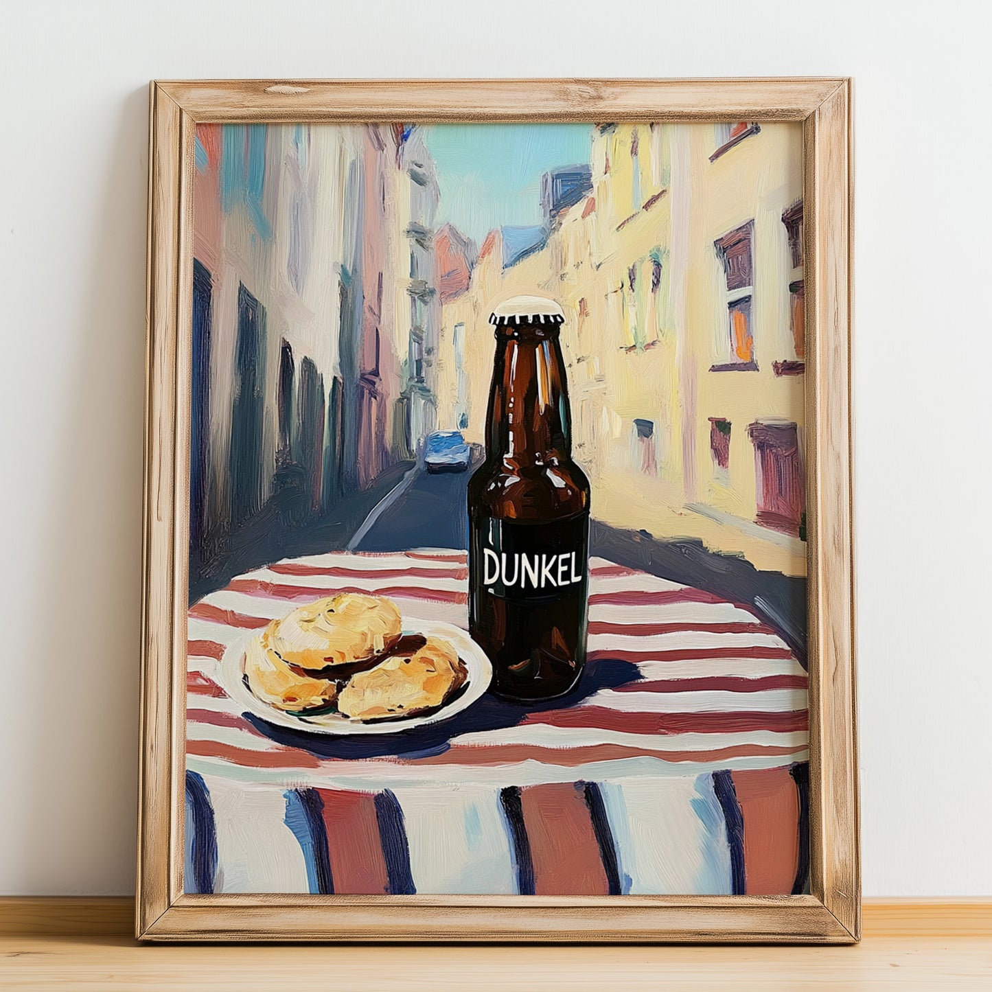 Dunkel – German Café on the Corner, German Beer Painting, no-text version framed in wood