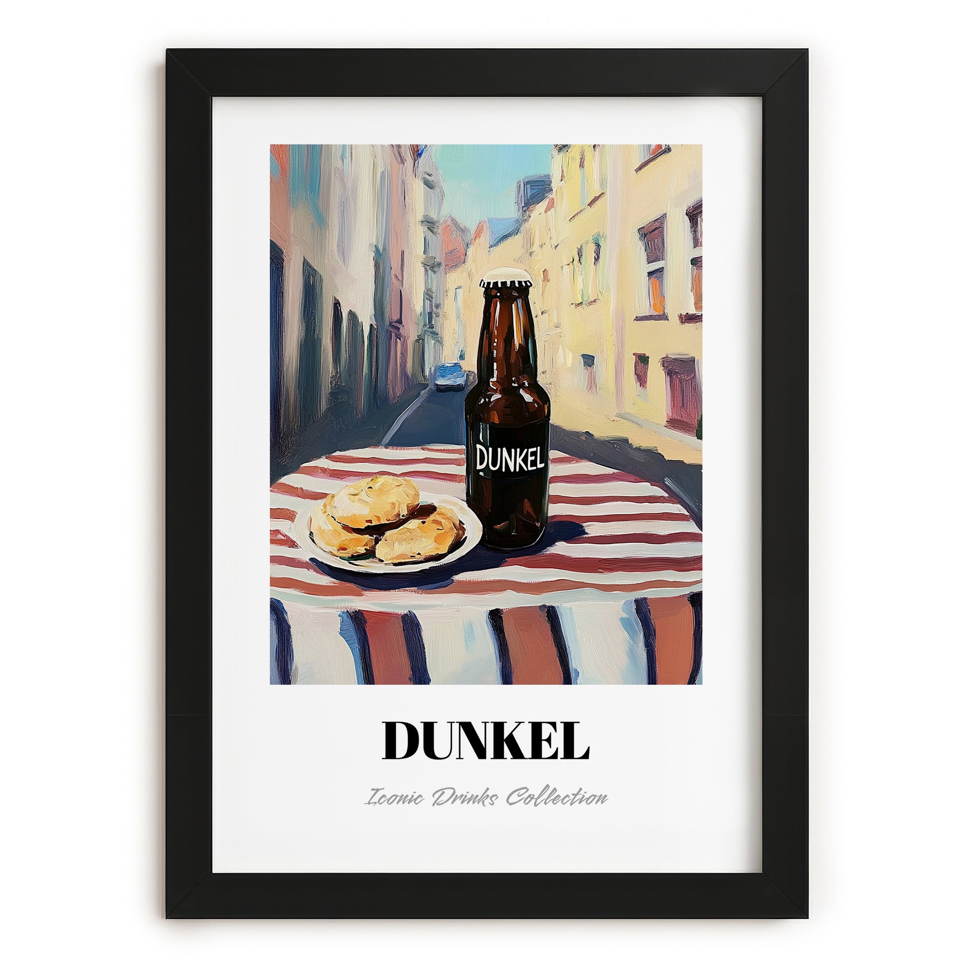 Dunkel – German Café on the Corner, German Beer Painting, in sleek black frame