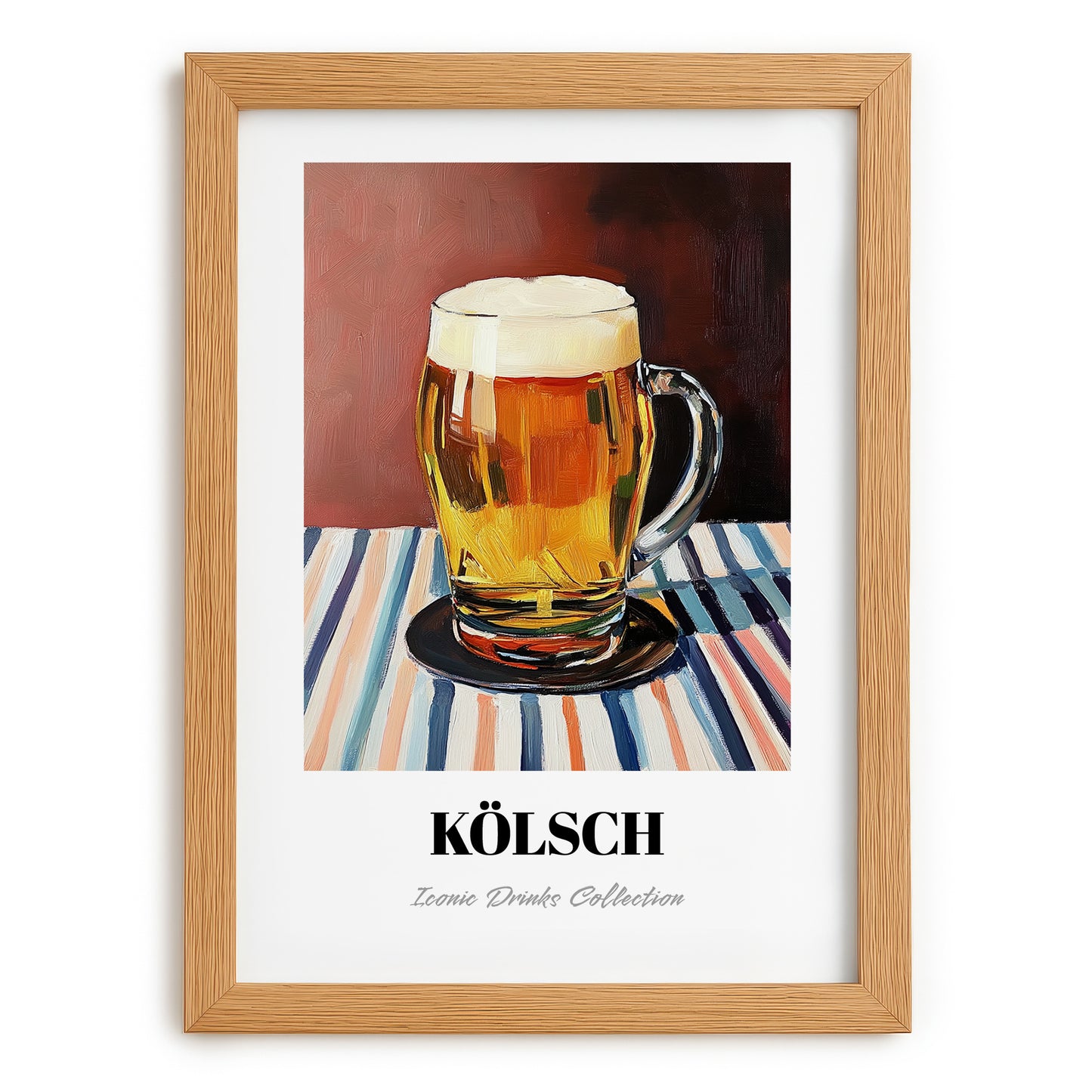 Kölsch – on Striped Tablecloth, German Beer Wall Decor, set in oak frame