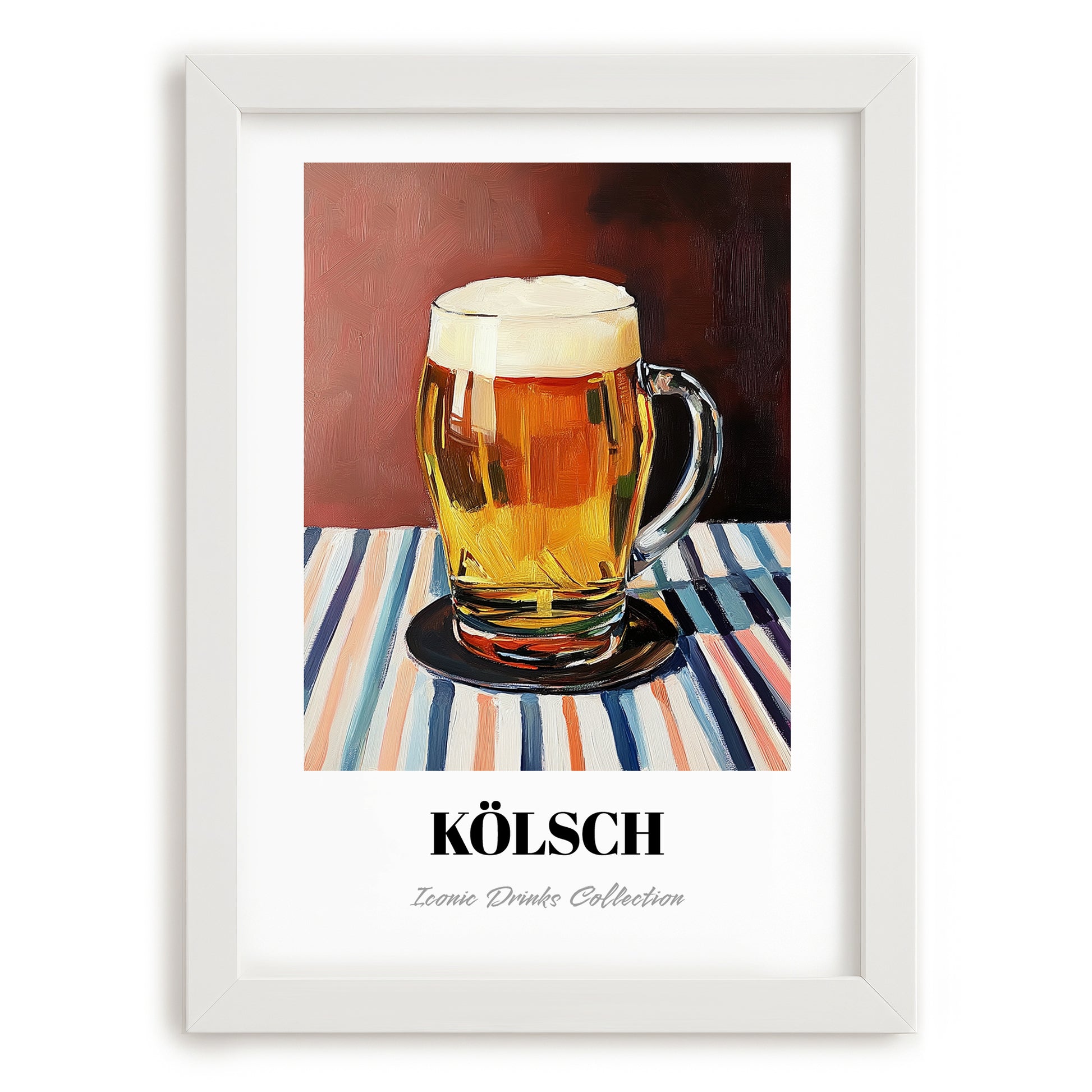 Kölsch – on Striped Tablecloth, German Beer Wall Decor, placed in minimal white frame