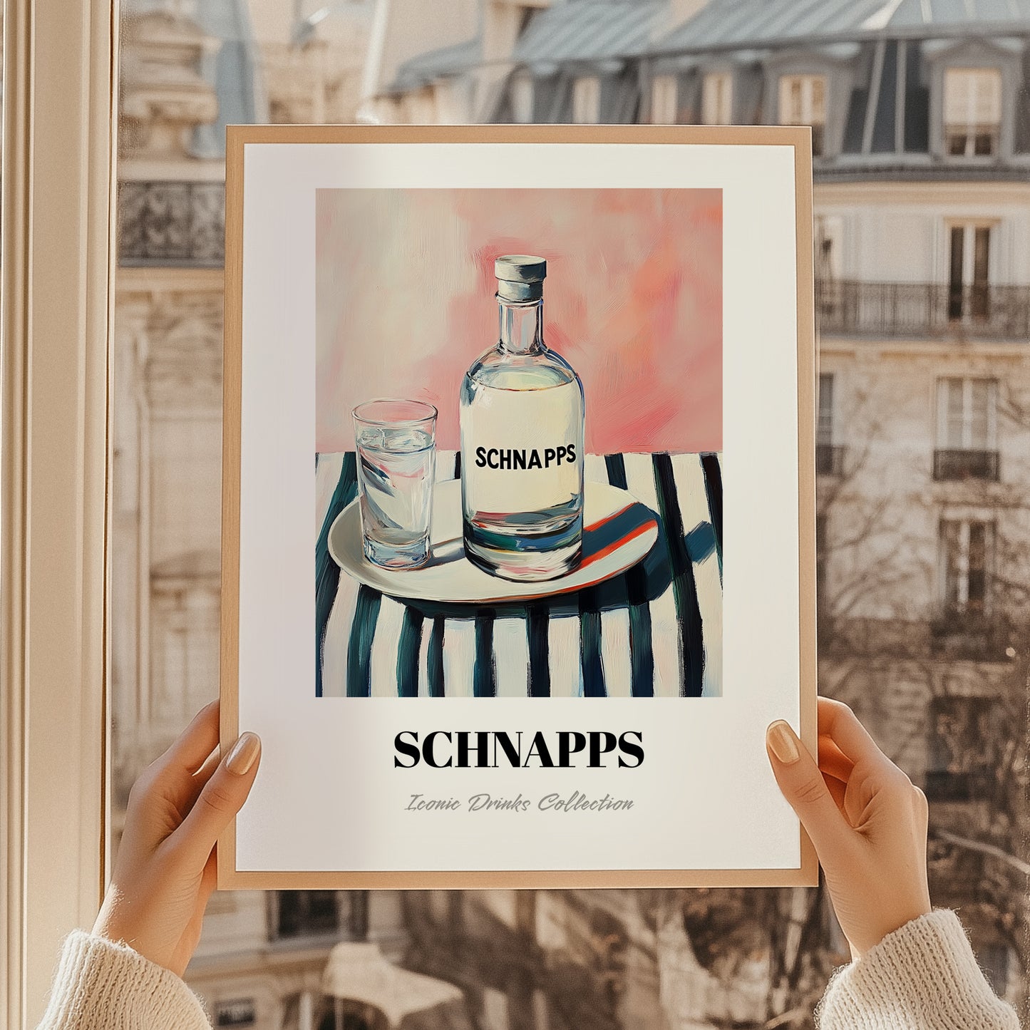 Schnapps – on Striped Tablecloth, German Spirit Painting, styled in a charming Paris street view