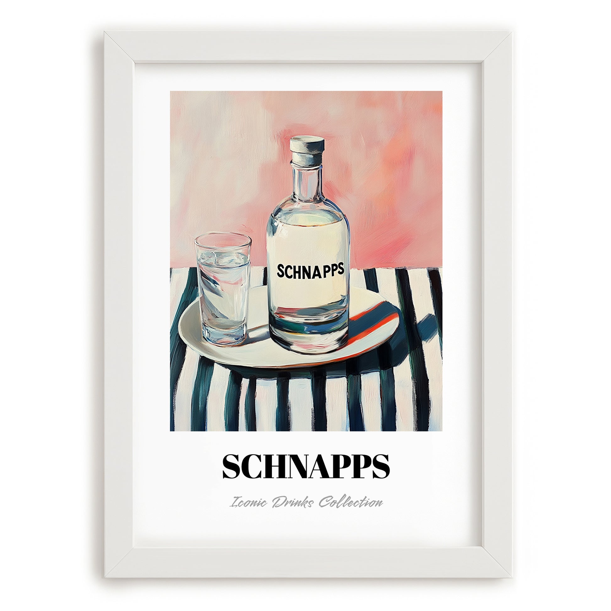 Schnapps – on Striped Tablecloth, German Spirit Painting, placed in minimal white frame
