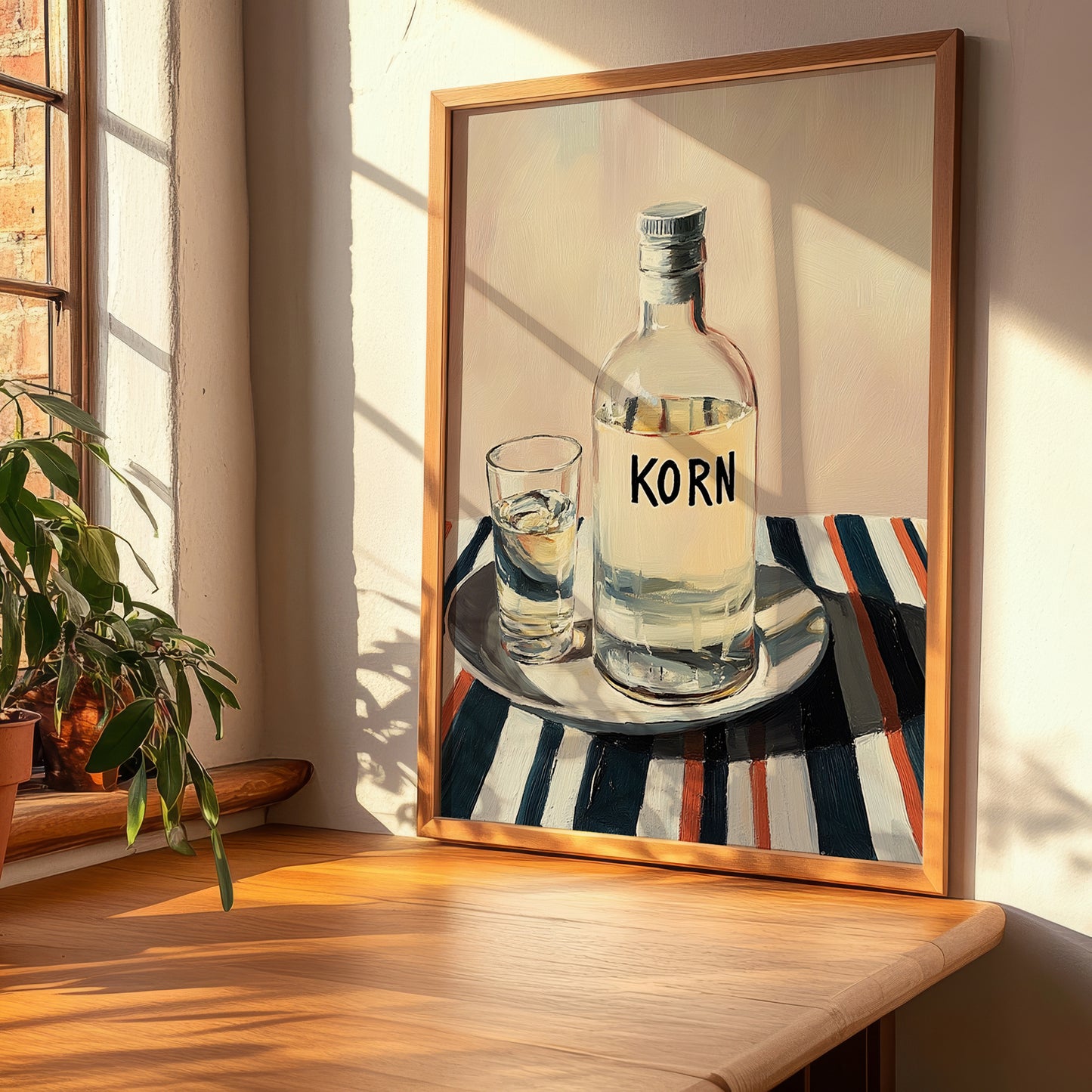 Korn – on Striped Tablecloth, German Spirit Poster, clean layout with no caption