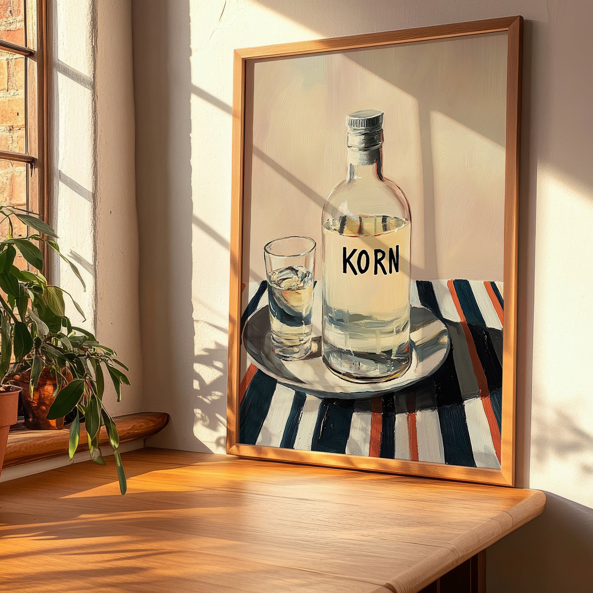 Korn – on Striped Tablecloth, German Spirit Poster, clean layout with no caption