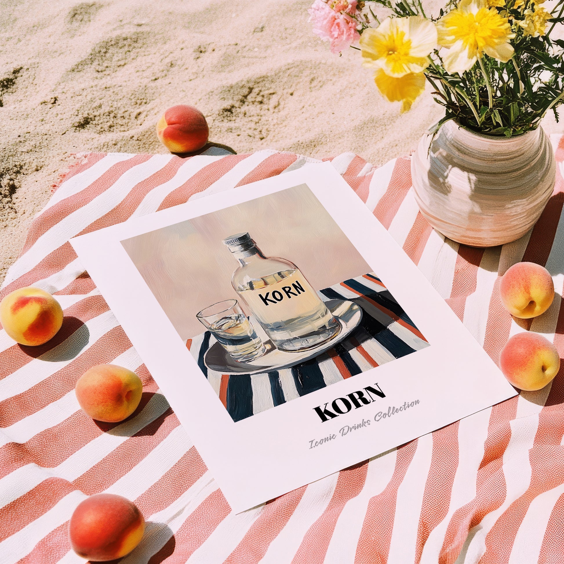 Korn – on Striped Tablecloth, German Spirit Poster, unframed on coastal sand