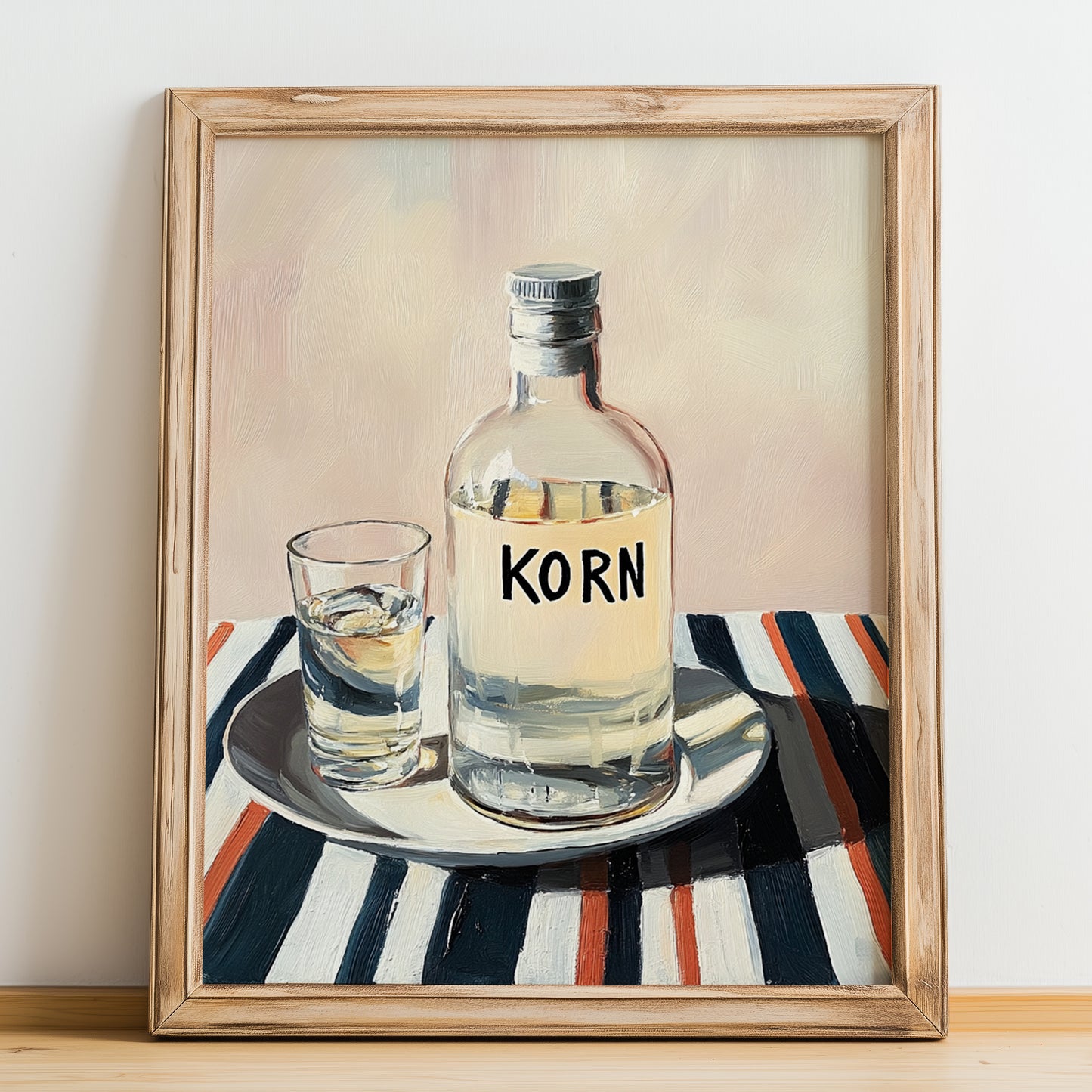 Korn – on Striped Tablecloth, German Spirit Poster, no-text version framed in wood
