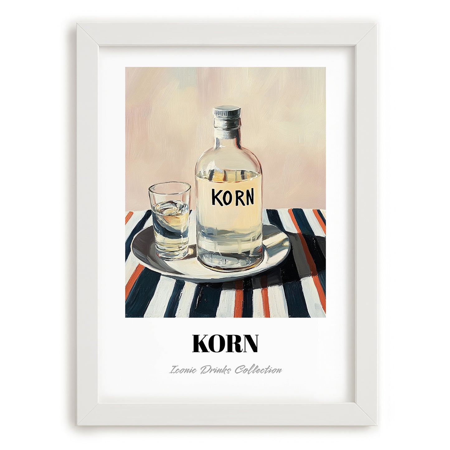 Korn – on Striped Tablecloth, German Spirit Poster, placed in minimal white frame