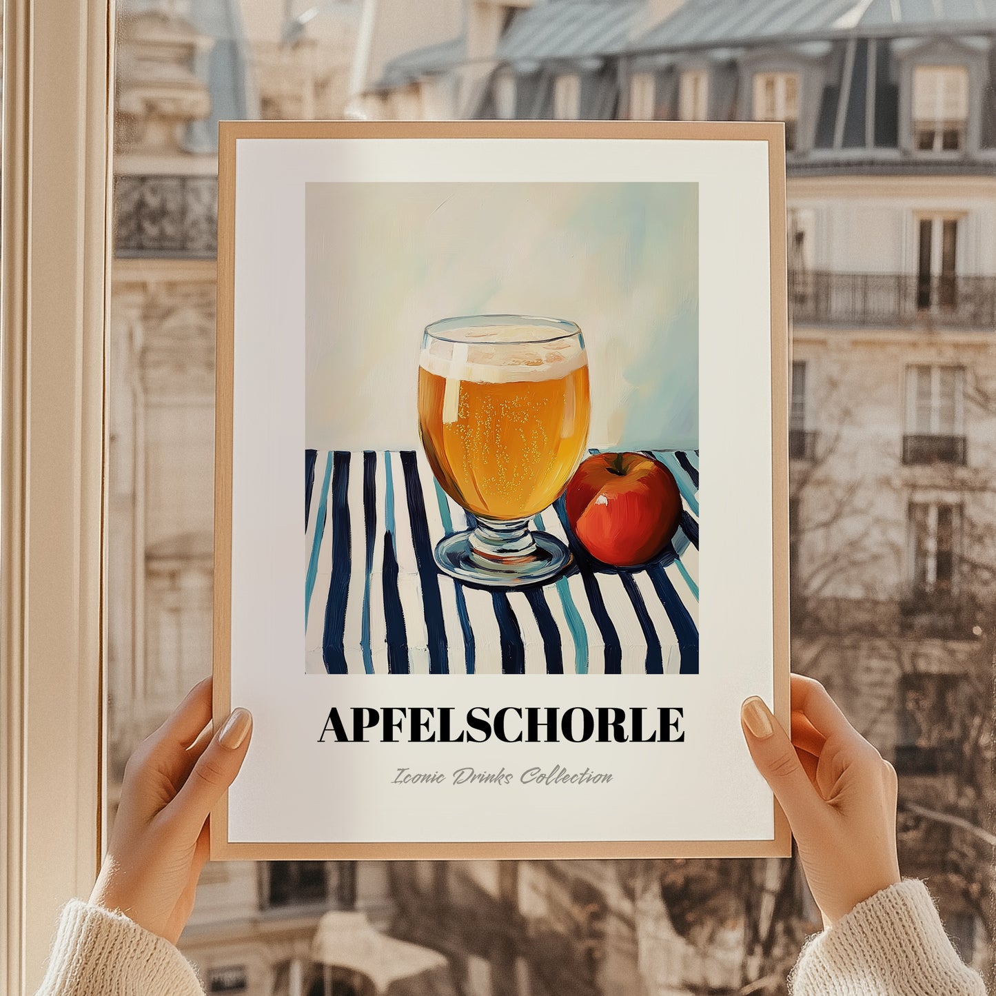 Apfelschorle – on Striped Tablecloth, German Beverage Print, styled in a charming Paris street view