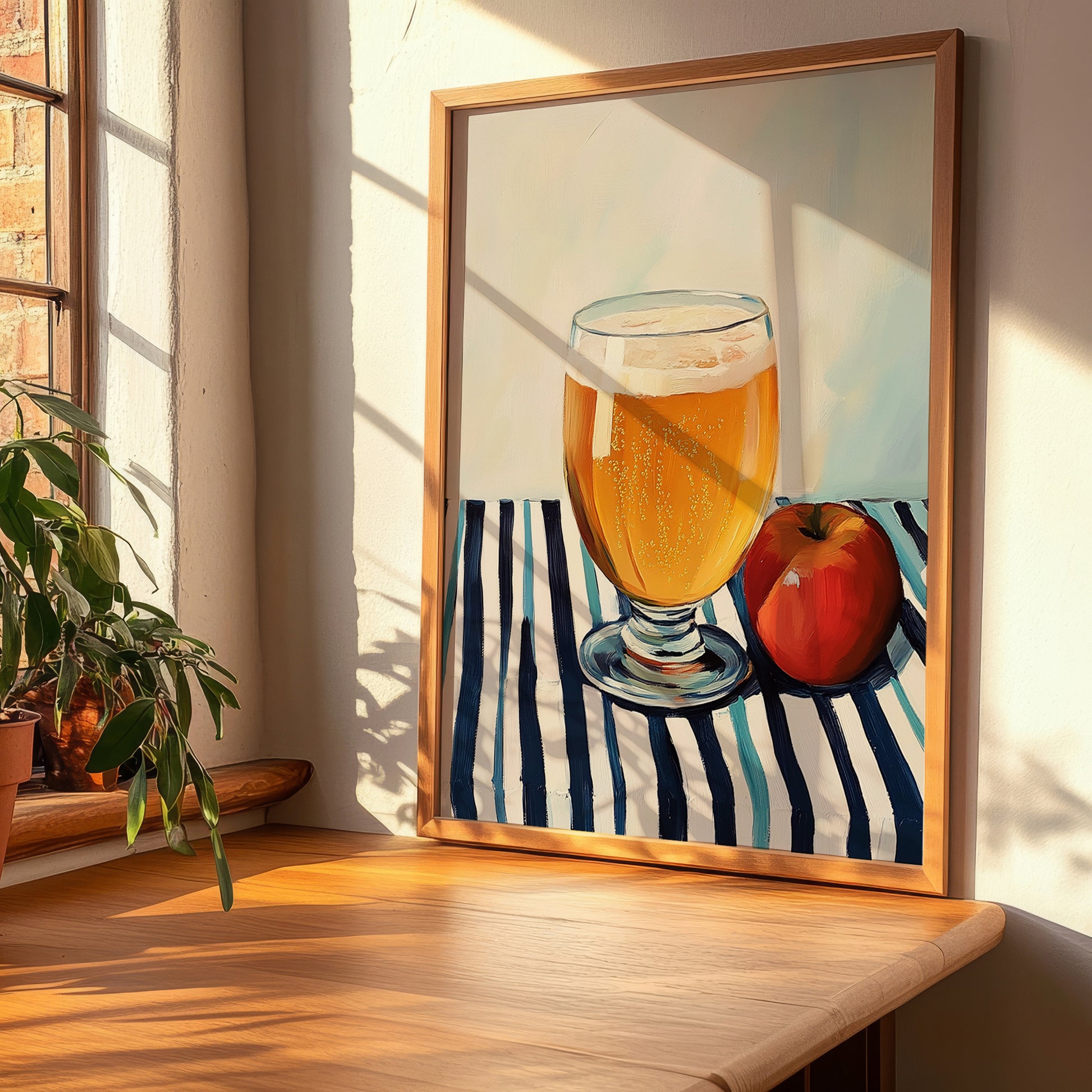 Apfelschorle – on Striped Tablecloth, German Beverage Print, clean layout with no caption