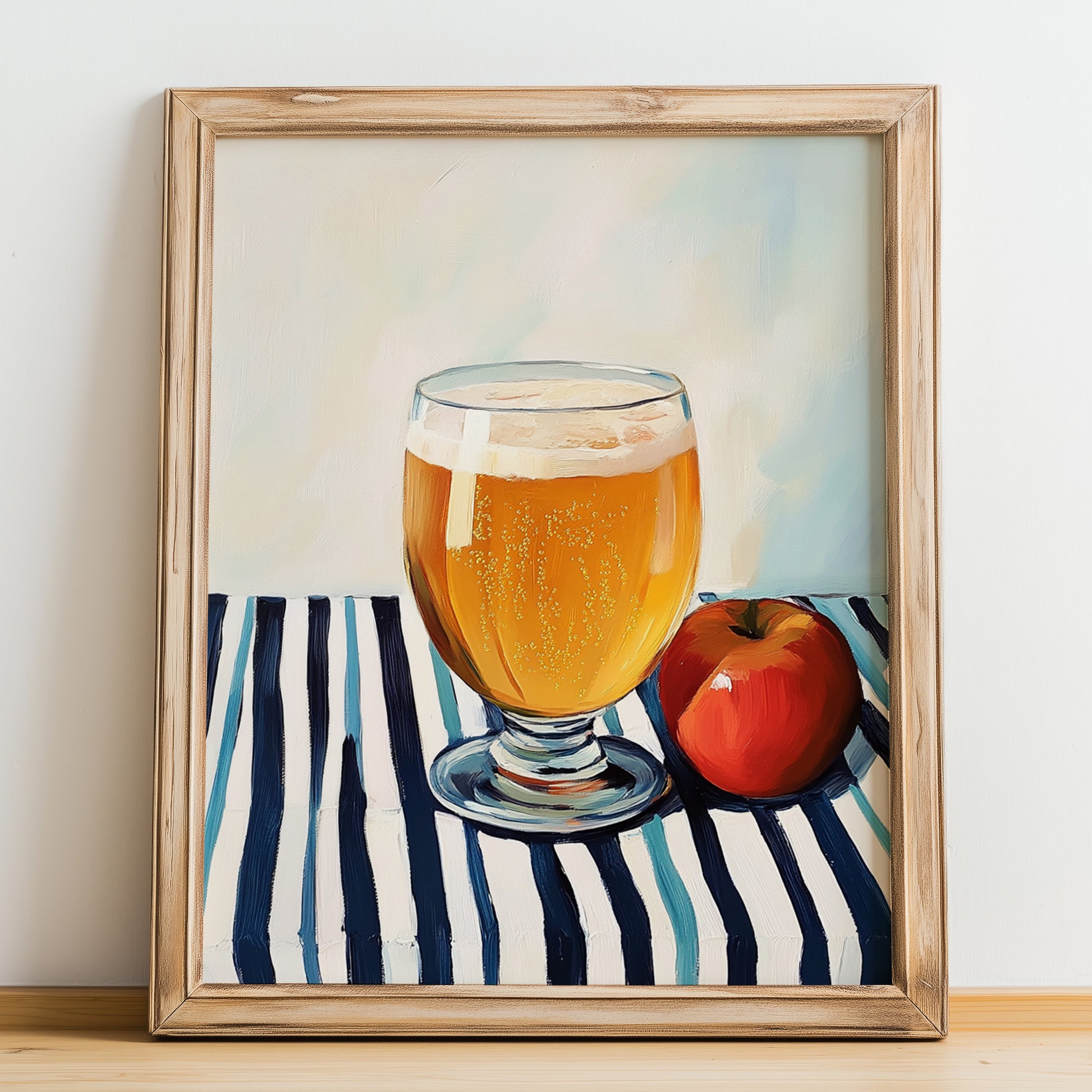 Apfelschorle – on Striped Tablecloth, German Beverage Print, no-text version framed in wood