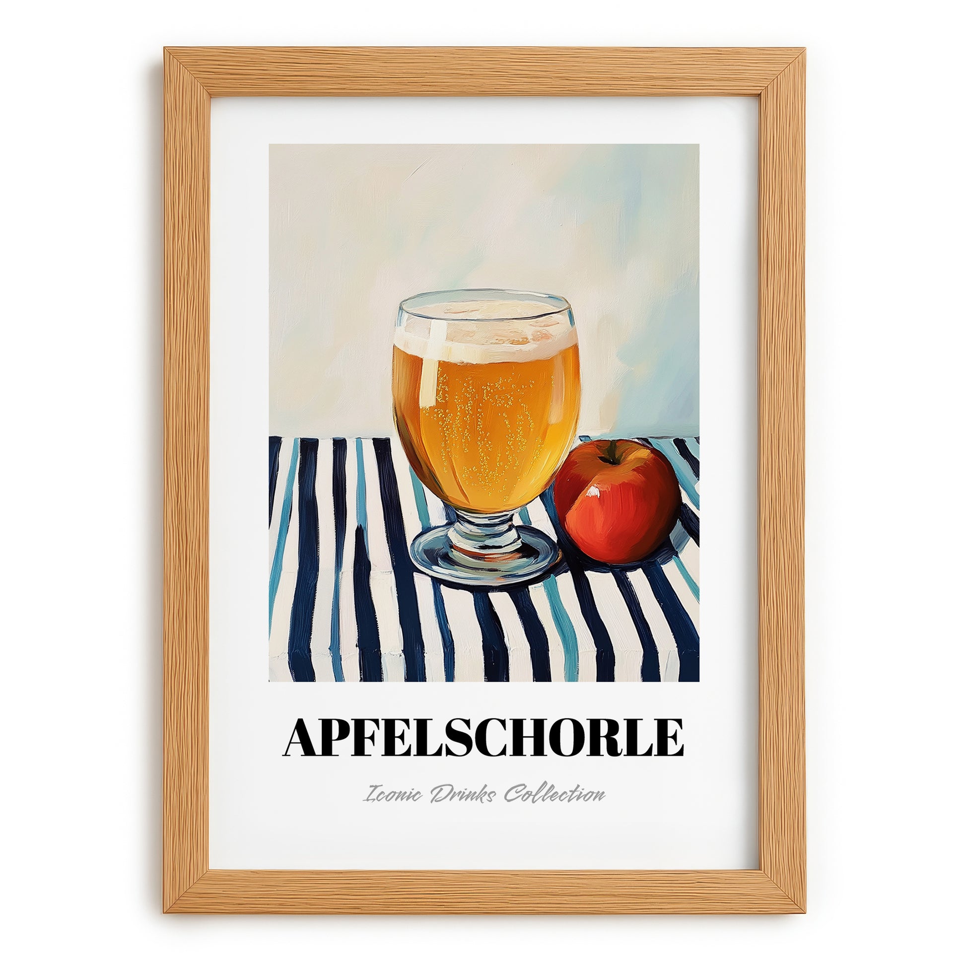 Apfelschorle – on Striped Tablecloth, German Beverage Print, set in oak frame