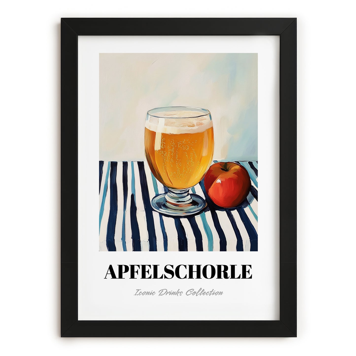 Apfelschorle – on Striped Tablecloth, German Beverage Print, in sleek black frame