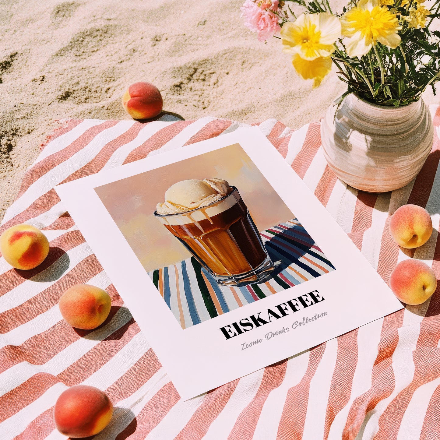 Eiskaffee – on Striped Tablecloth, German Coffee Wall Decor, unframed on coastal sand
