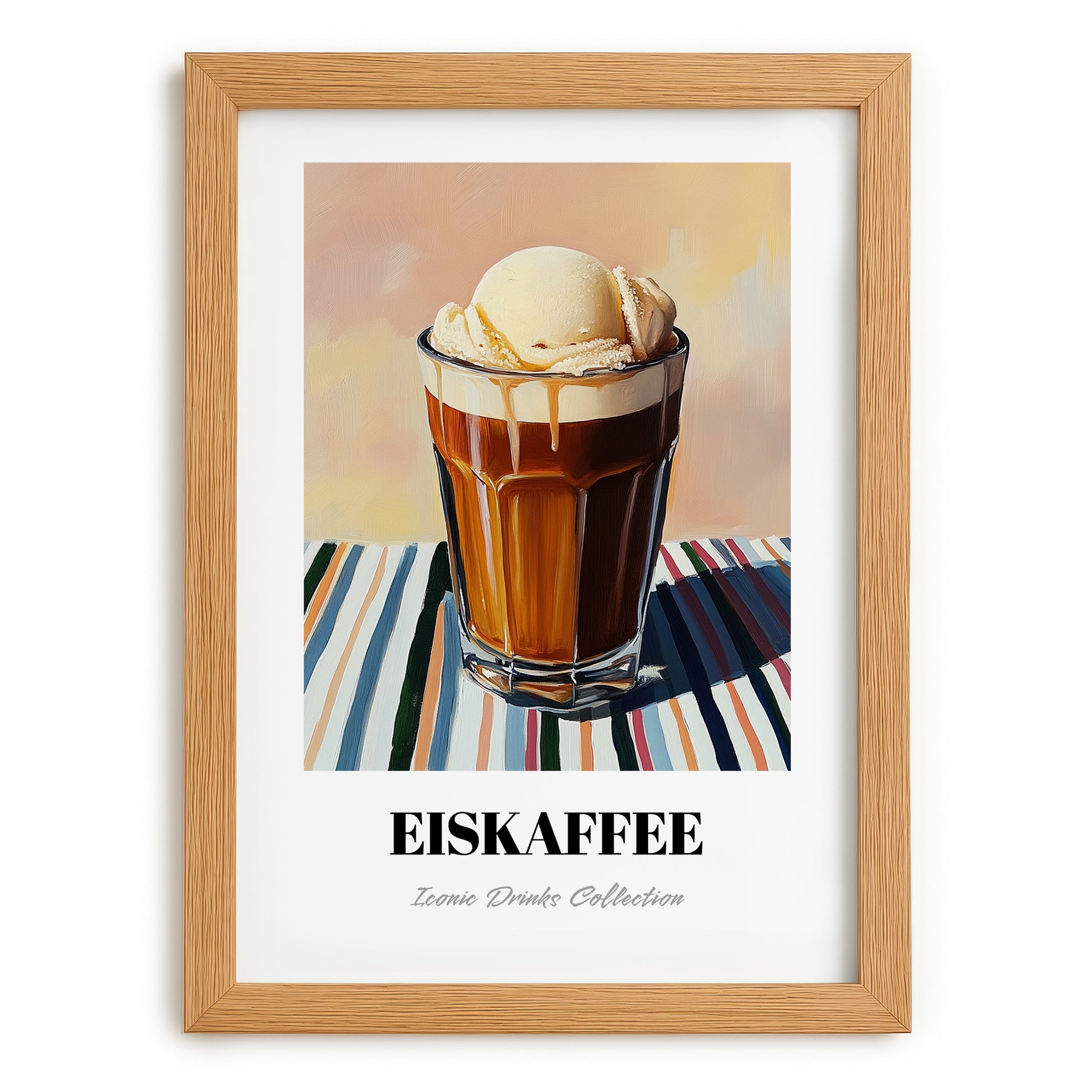 Eiskaffee – on Striped Tablecloth, German Coffee Wall Decor, set in oak frame