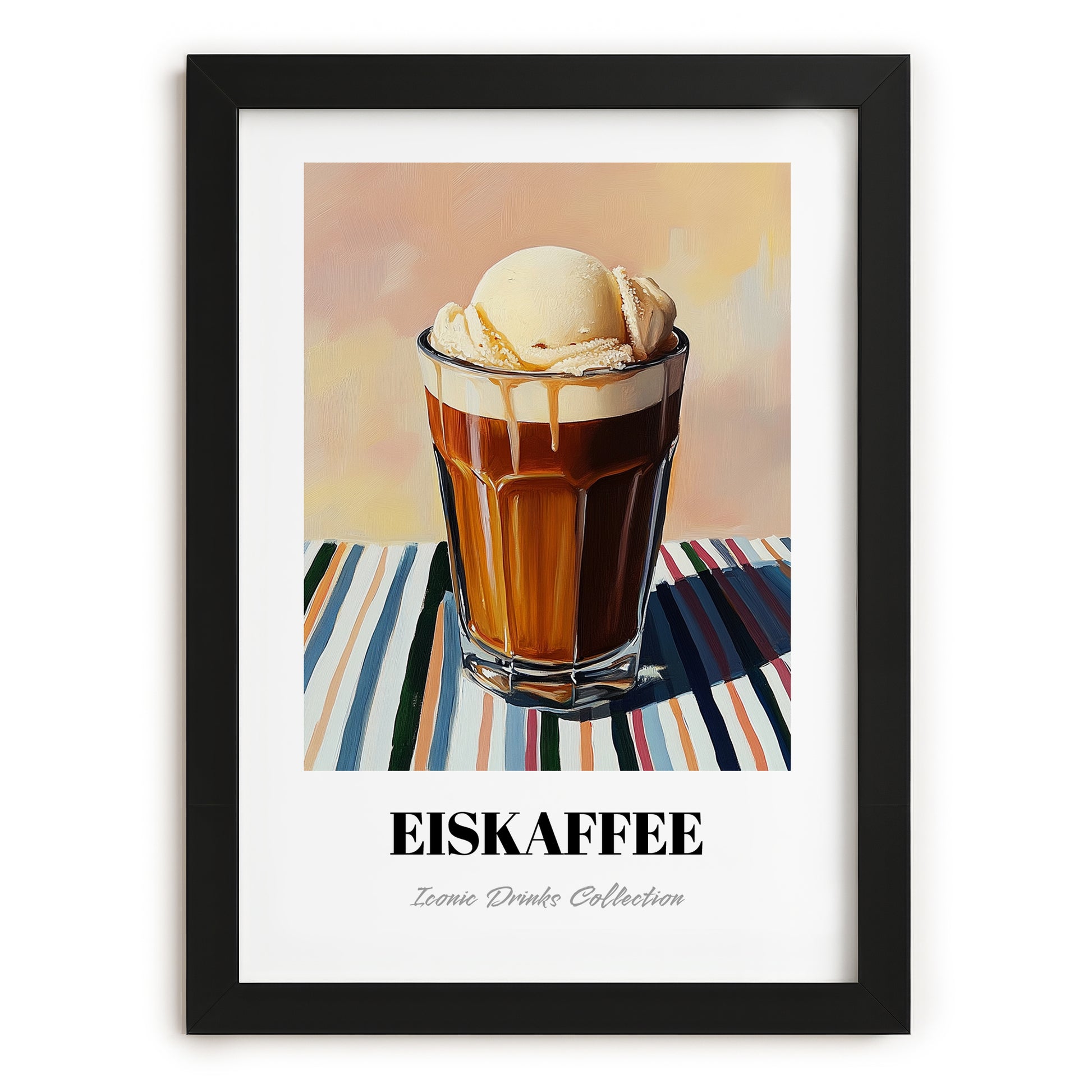 Eiskaffee – on Striped Tablecloth, German Coffee Wall Decor, in sleek black frame