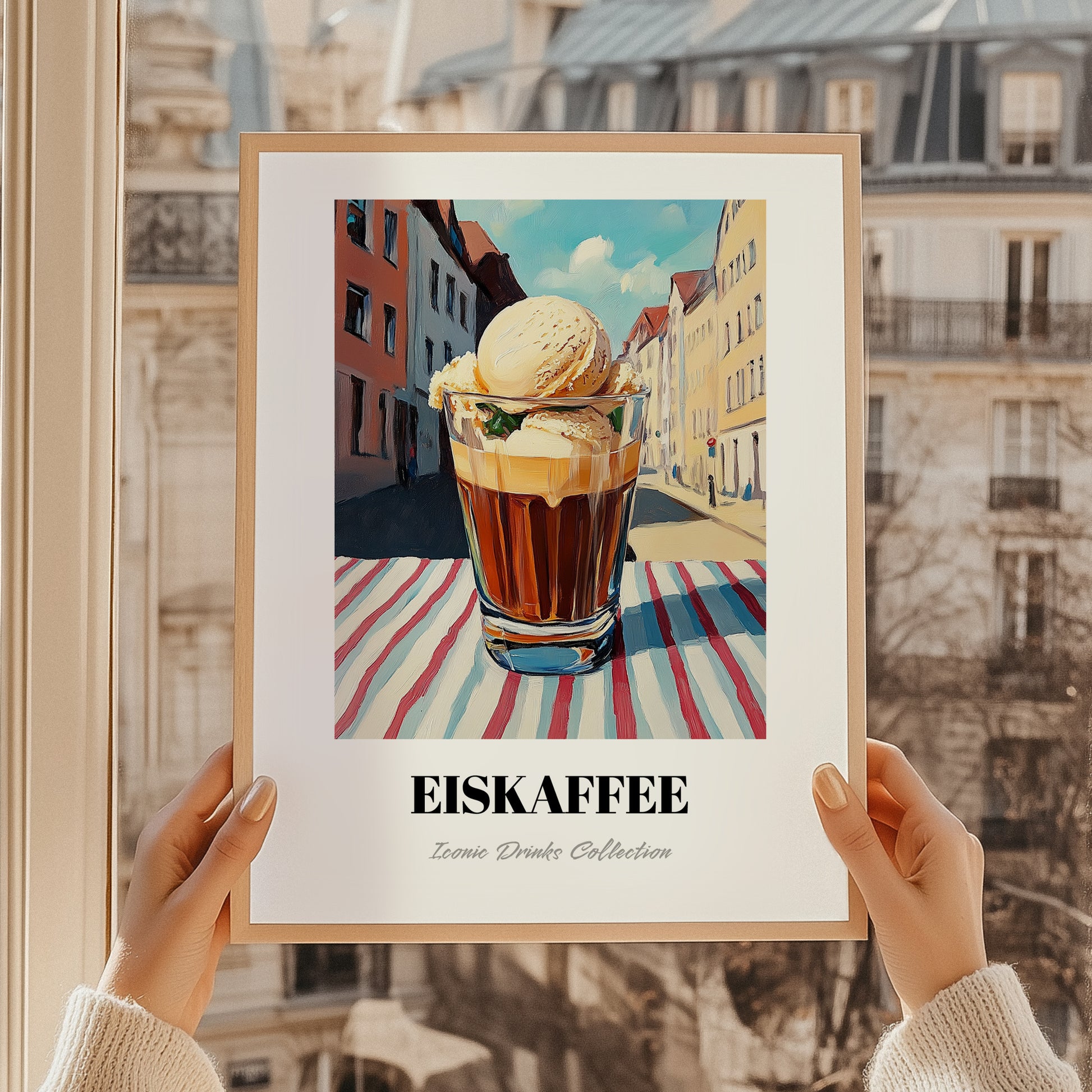Eiskaffee – German Street Café Scene, German Coffee Wall Poster, styled in a charming Paris street view