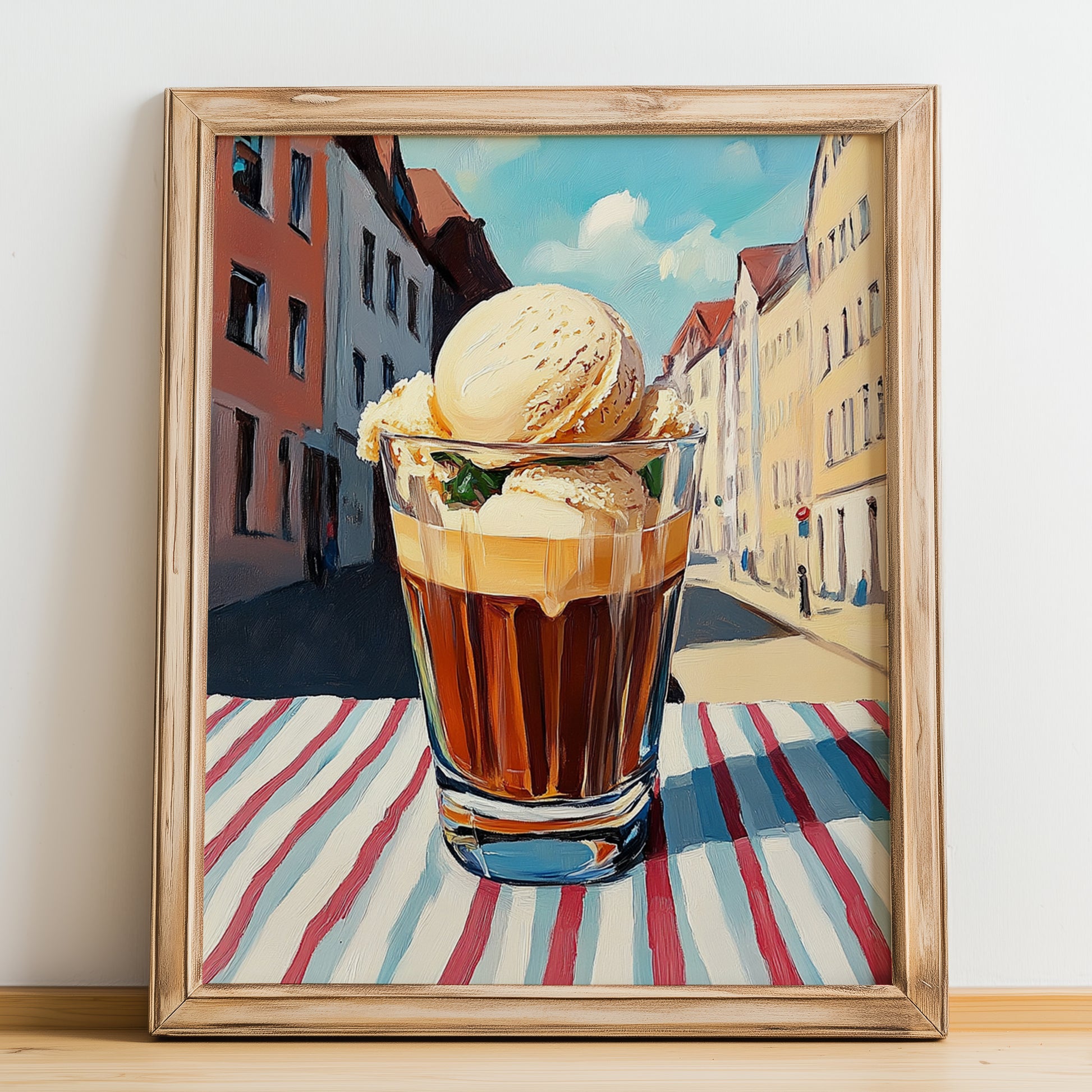 Eiskaffee – German Street Café Scene, German Coffee Wall Poster, no-text version framed in wood