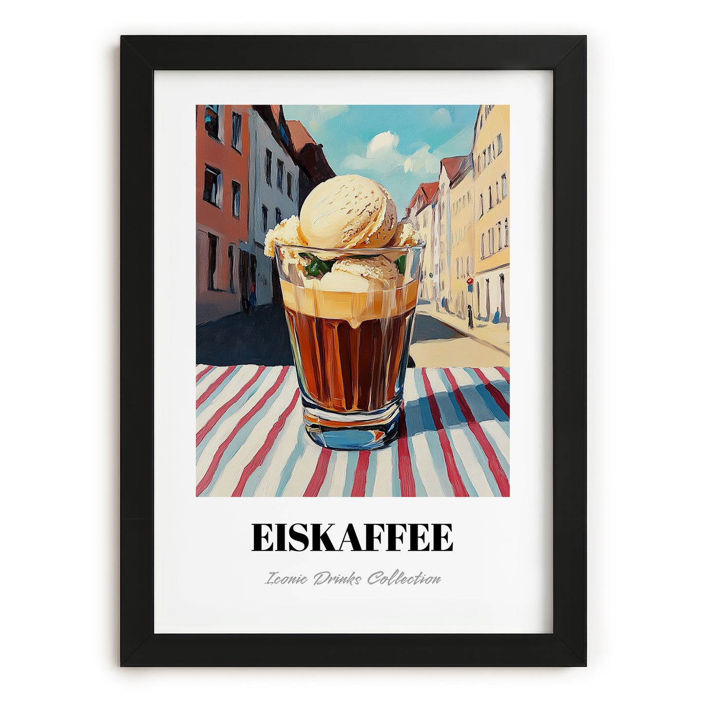 Eiskaffee – German Street Café Scene, German Coffee Wall Poster, in sleek black frame