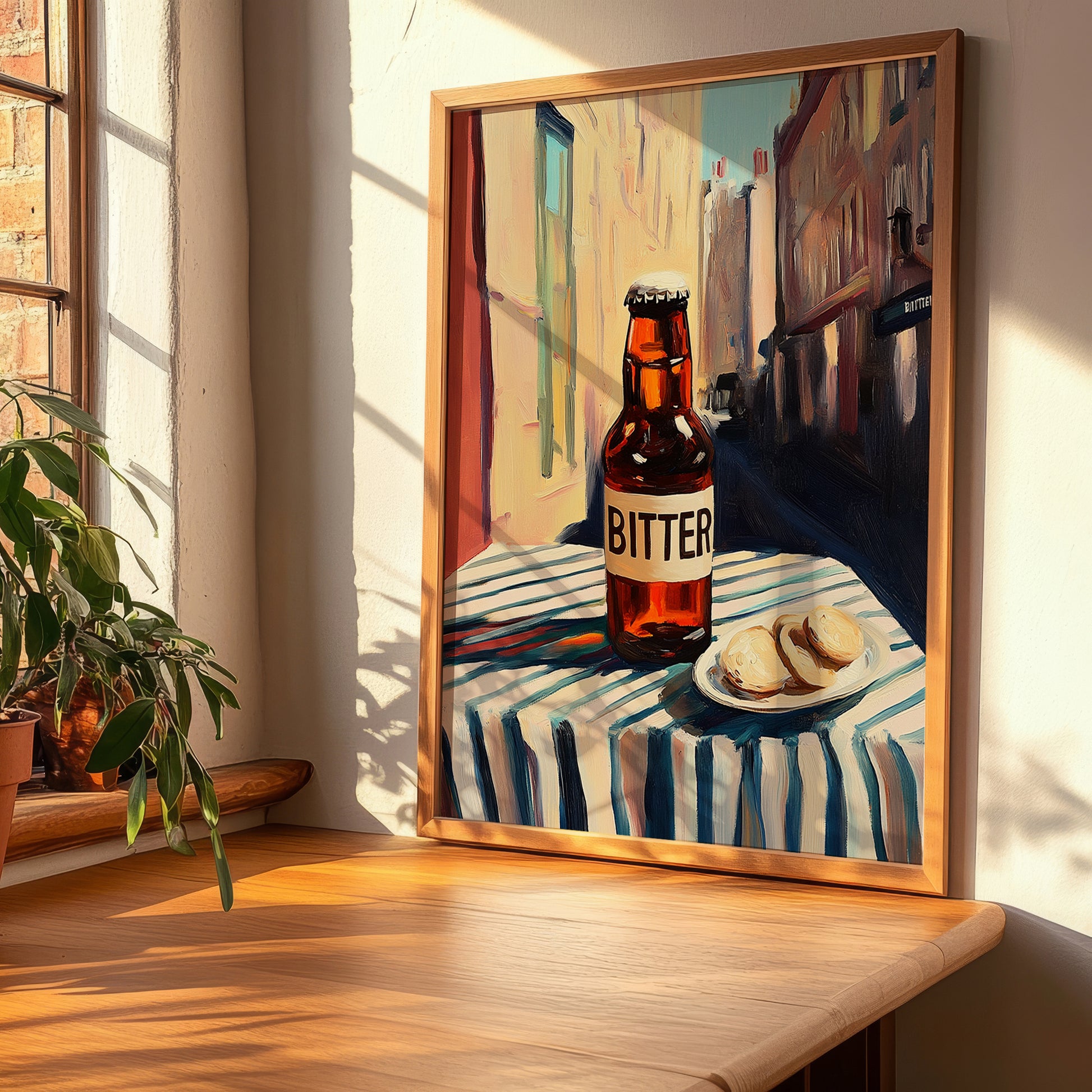 Bitter – English Street Café Scene, English Beer Still Life, clean layout with no caption