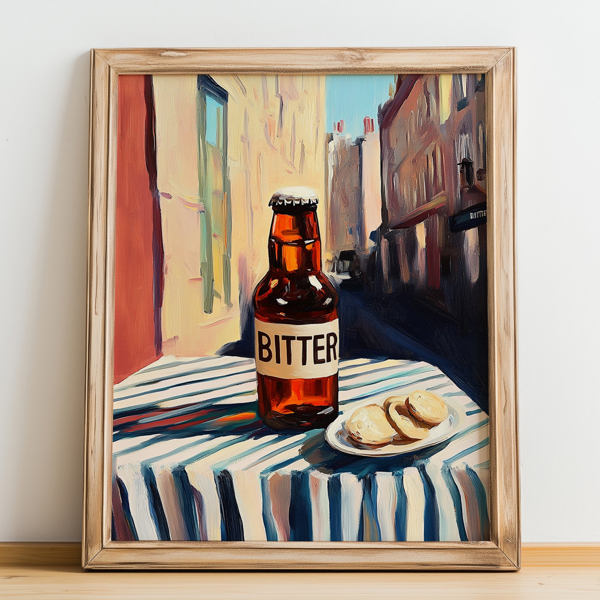 Bitter – English Street Café Scene, English Beer Still Life, no-text version framed in wood
