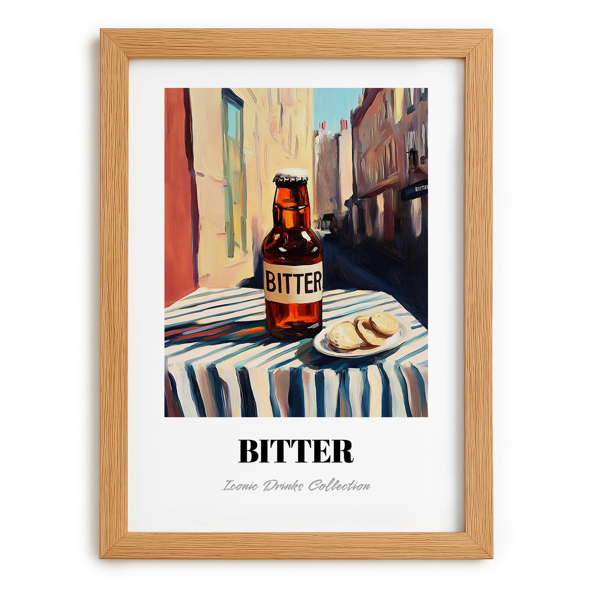 Bitter – English Street Café Scene, English Beer Still Life, set in oak frame