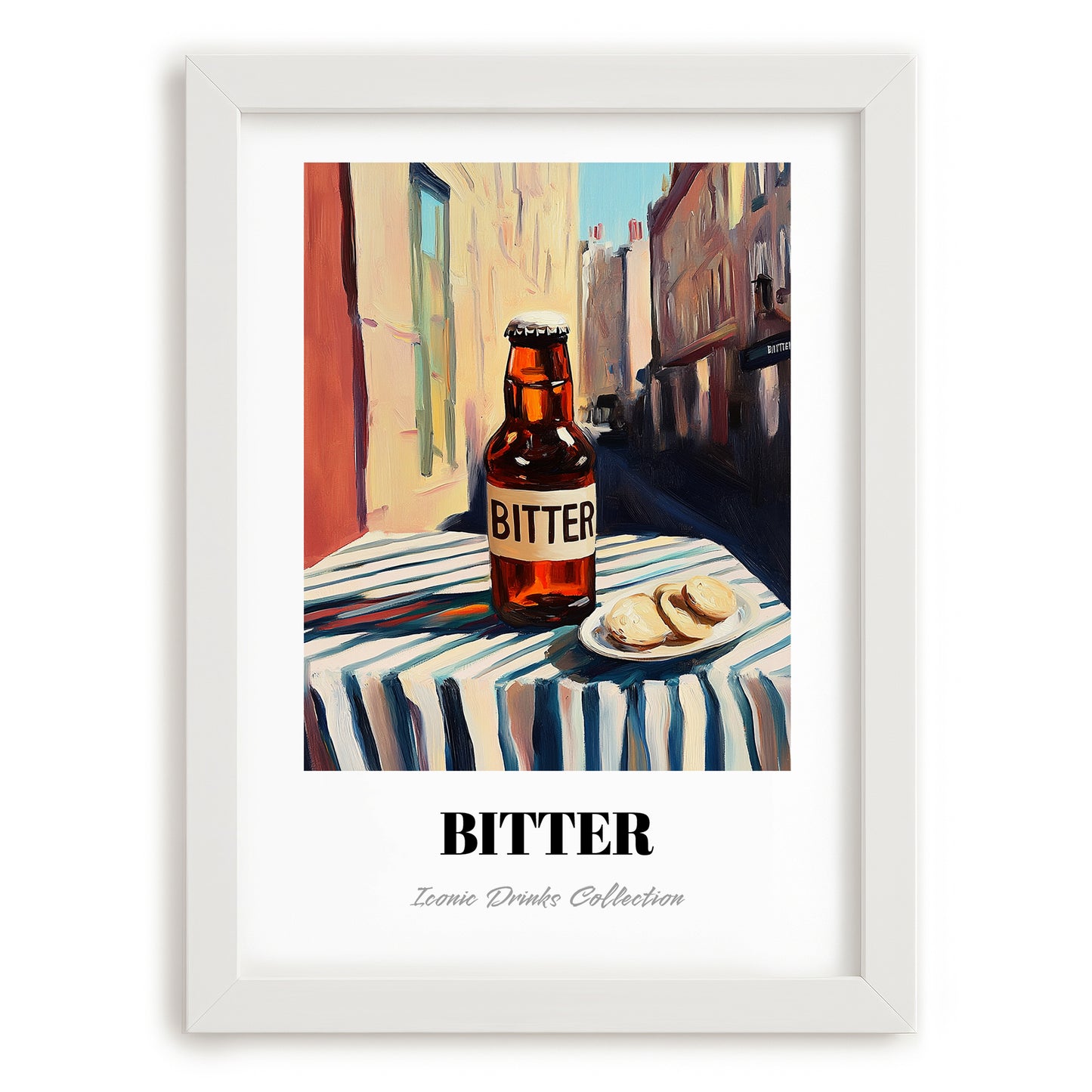 Bitter – English Street Café Scene, English Beer Still Life, placed in minimal white frame