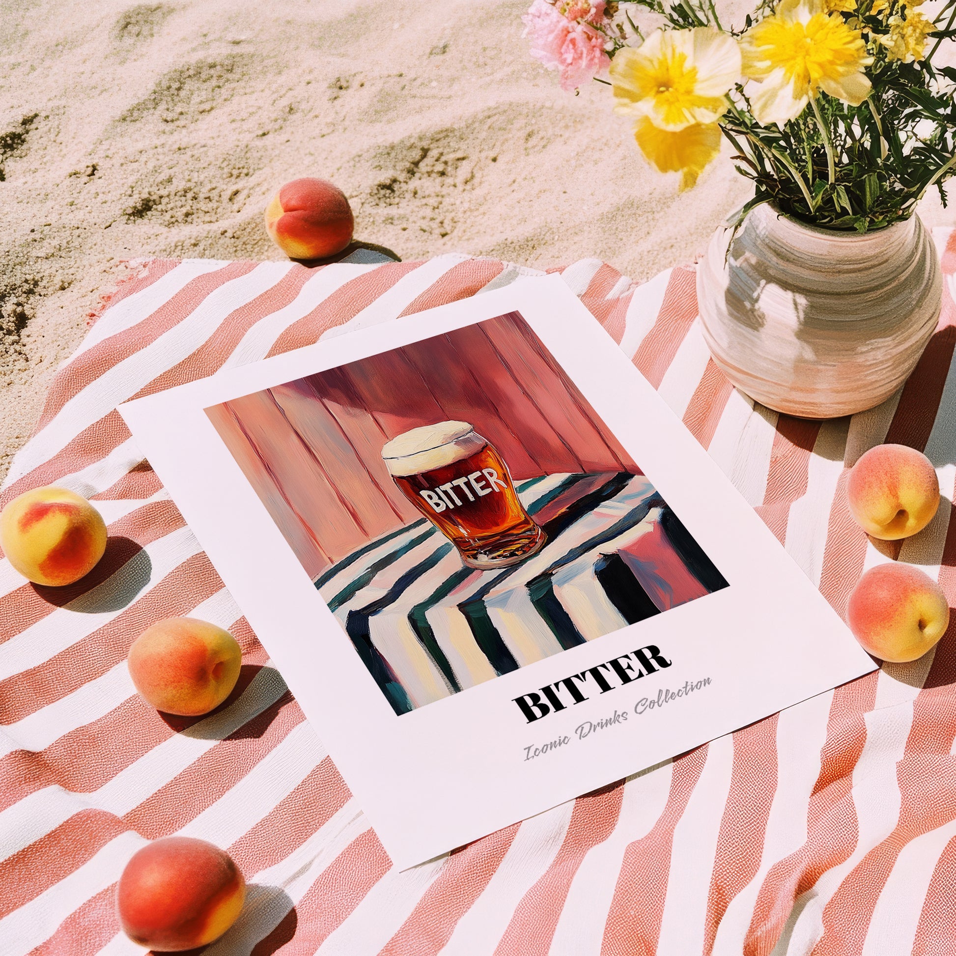 Bitter – on Striped Tablecloth, English Beer Wall Art, unframed on coastal sand