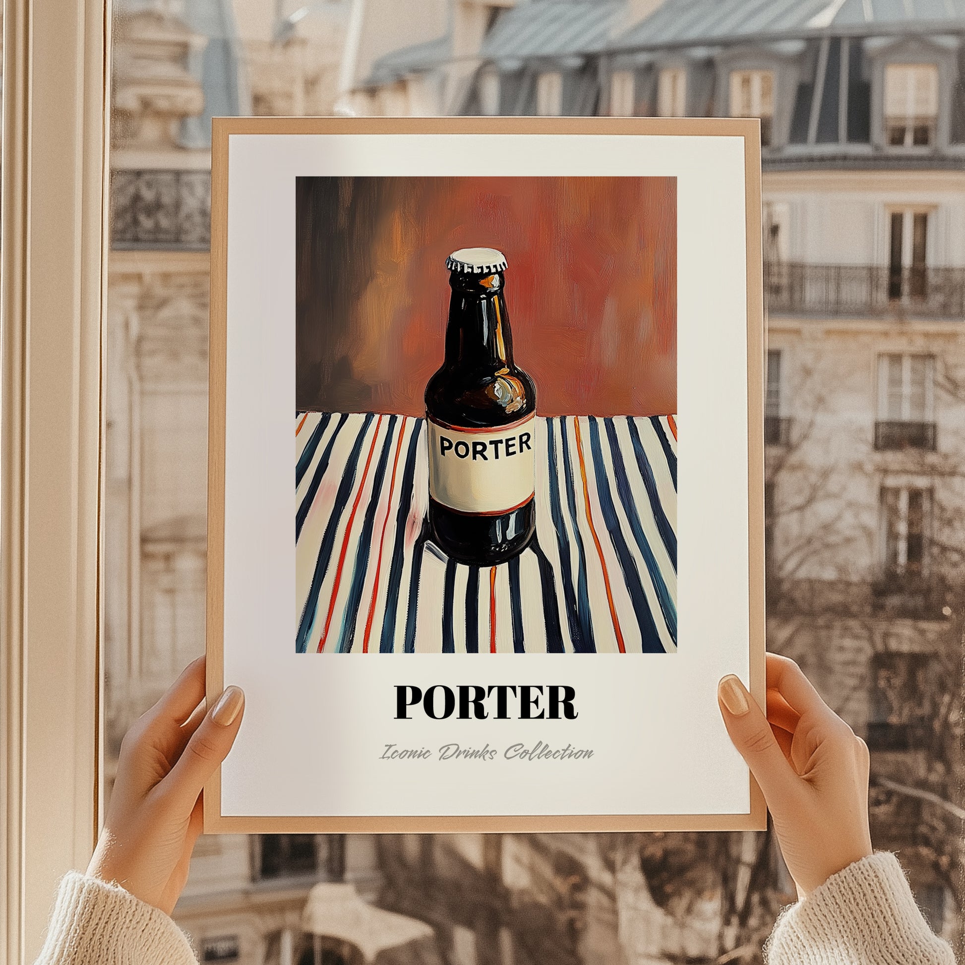 Porter – on Striped Tablecloth, English Beer Wall Decor, styled in a charming Paris street view