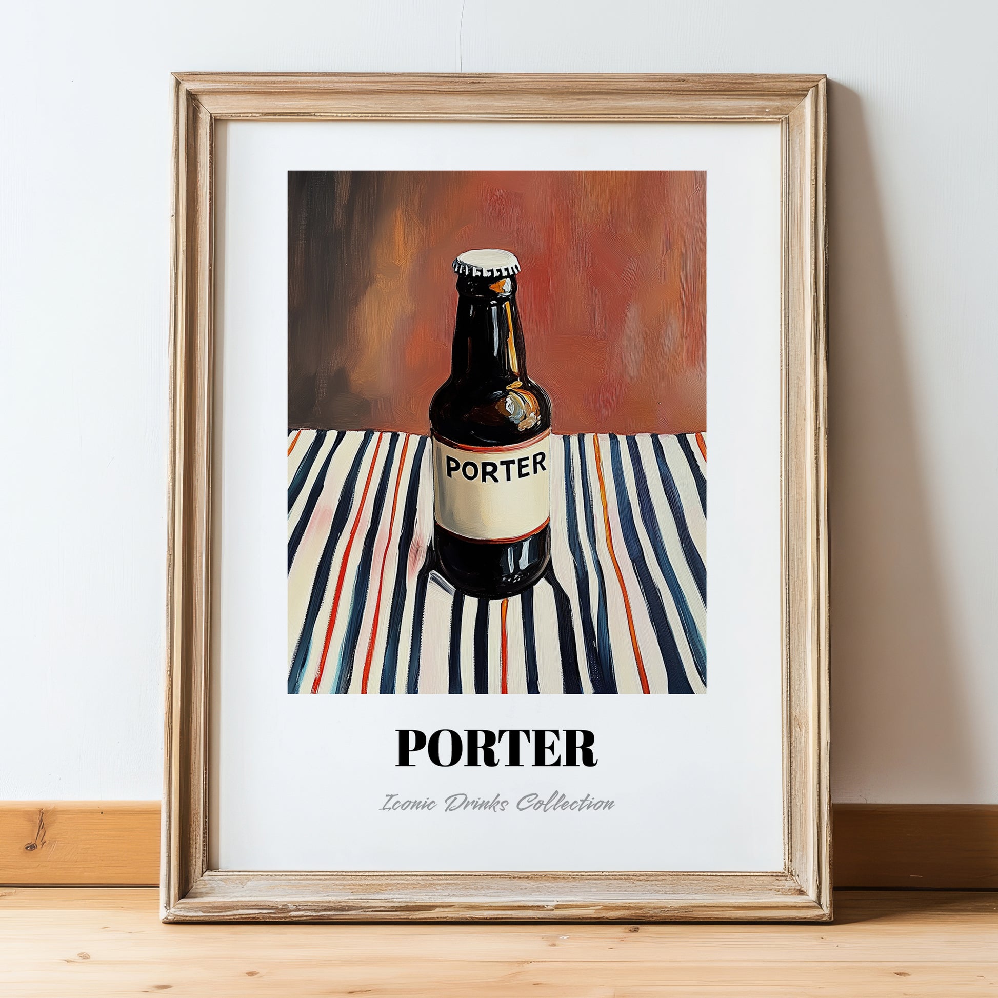 Porter – on Striped Tablecloth, English Beer Wall Decor, in wooden frame leaning on the floor