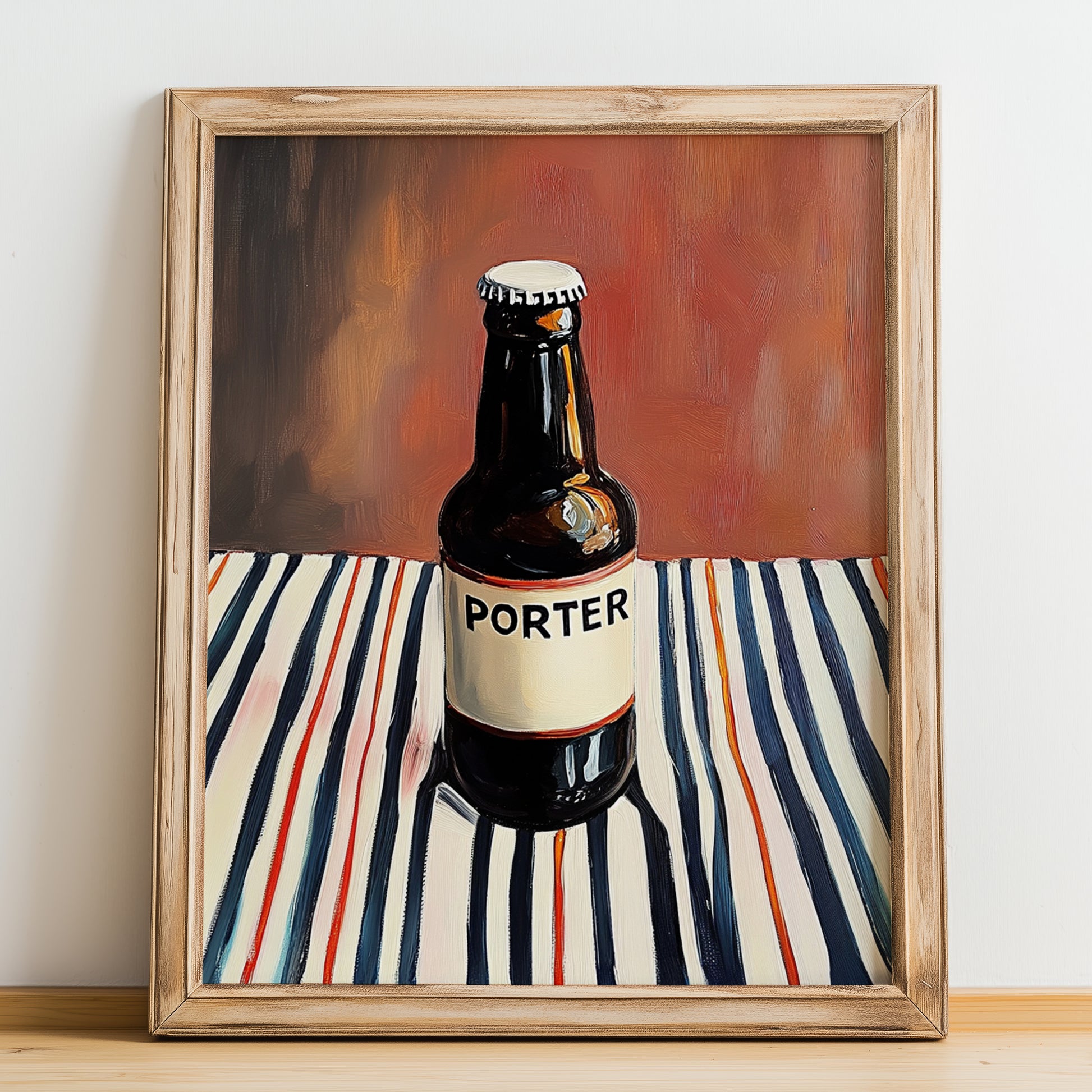 Porter – on Striped Tablecloth, English Beer Wall Decor, no-text version framed in wood