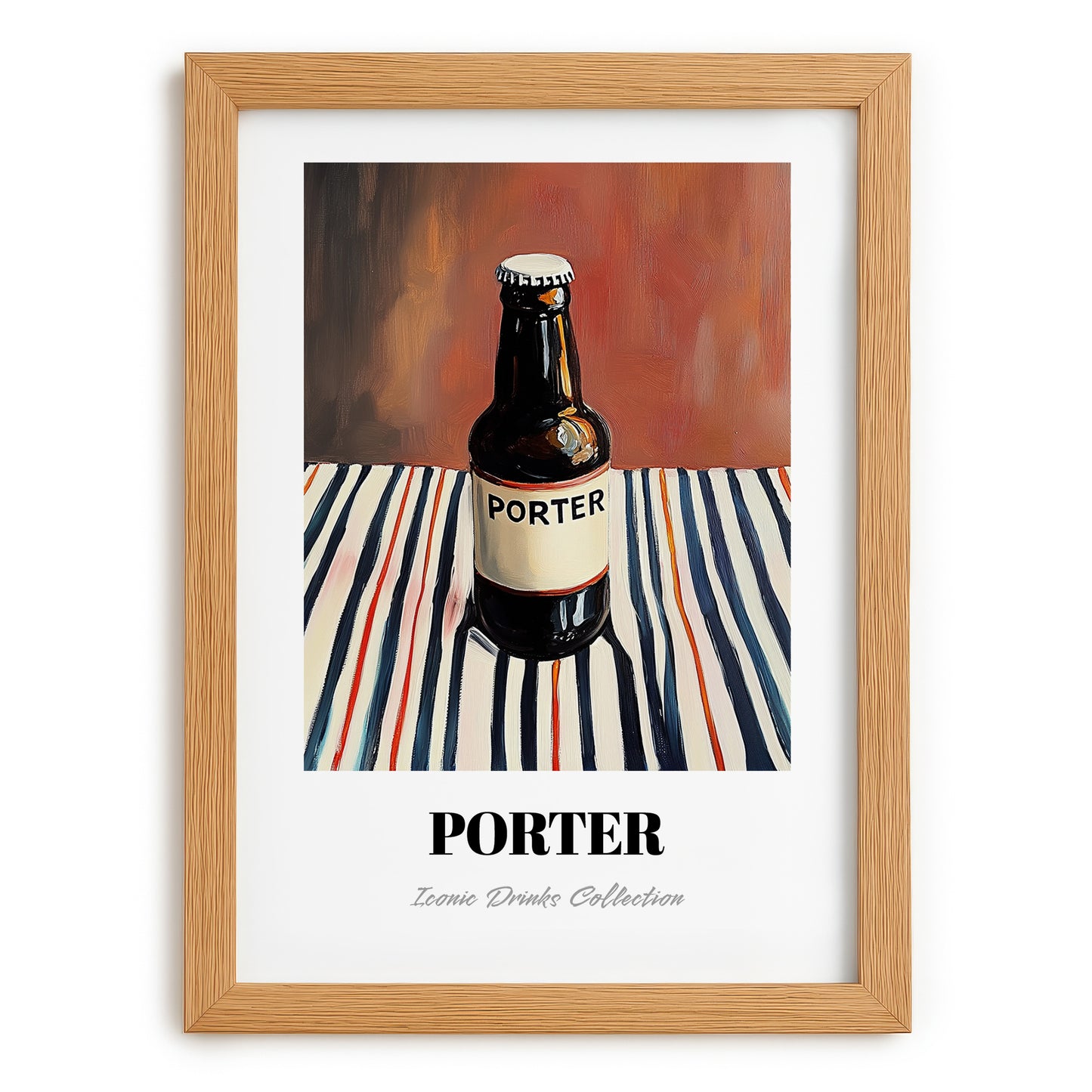 Porter – on Striped Tablecloth, English Beer Wall Decor, set in oak frame