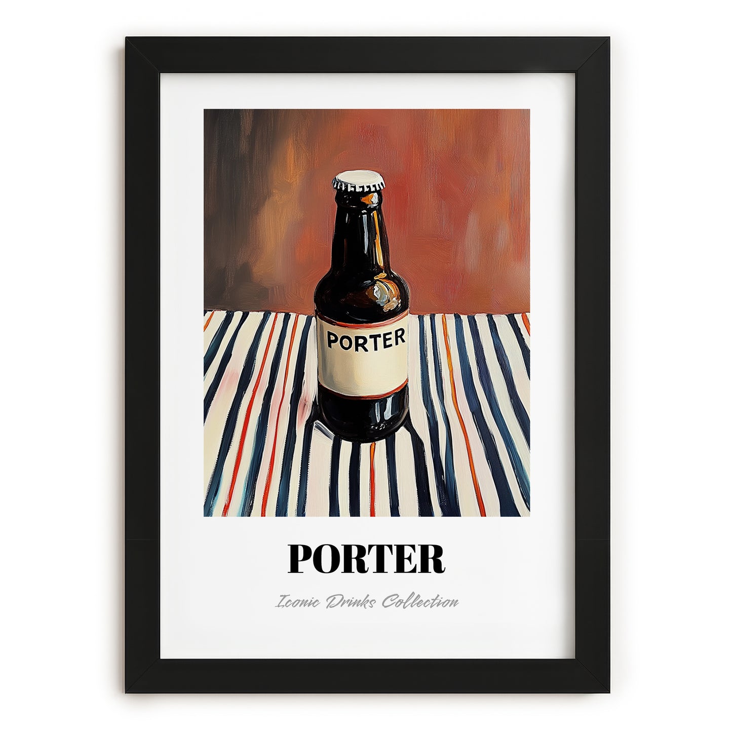 Porter – on Striped Tablecloth, English Beer Wall Decor, in sleek black frame