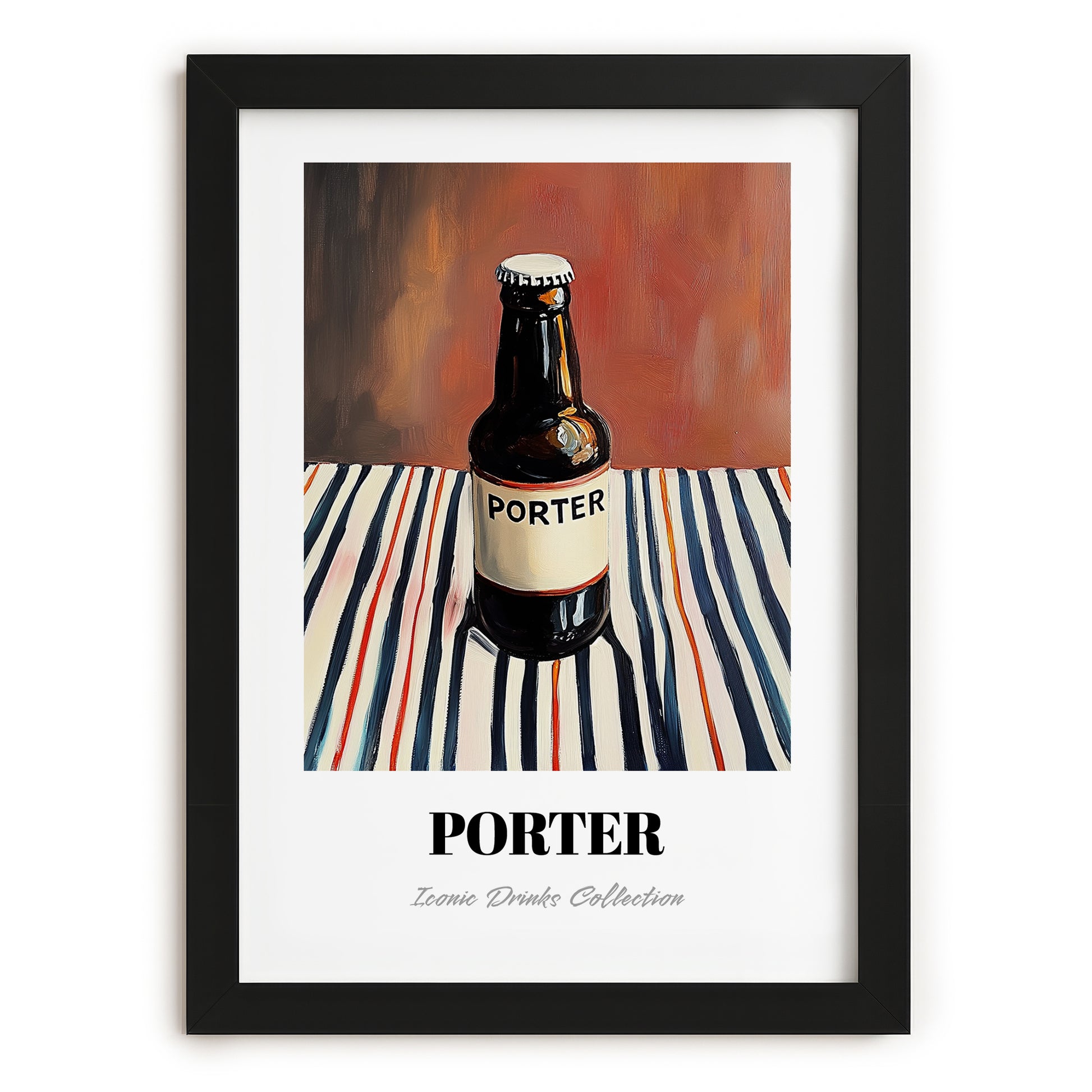 Porter – on Striped Tablecloth, English Beer Wall Decor, in sleek black frame