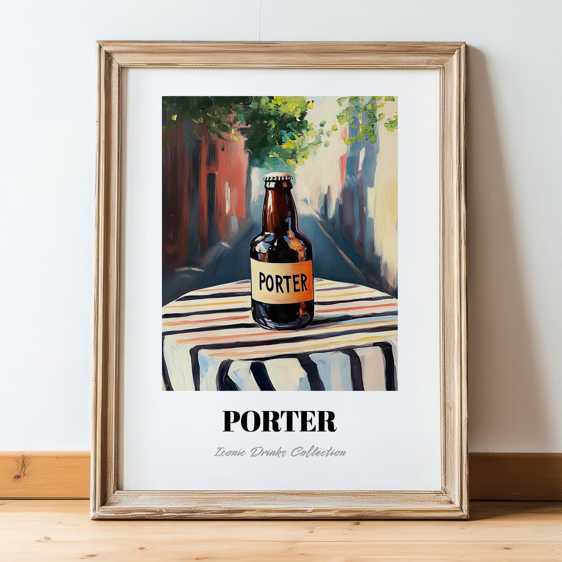 Porter – English Urban Café Scene, English Beer Poster, in wooden frame leaning on the floor